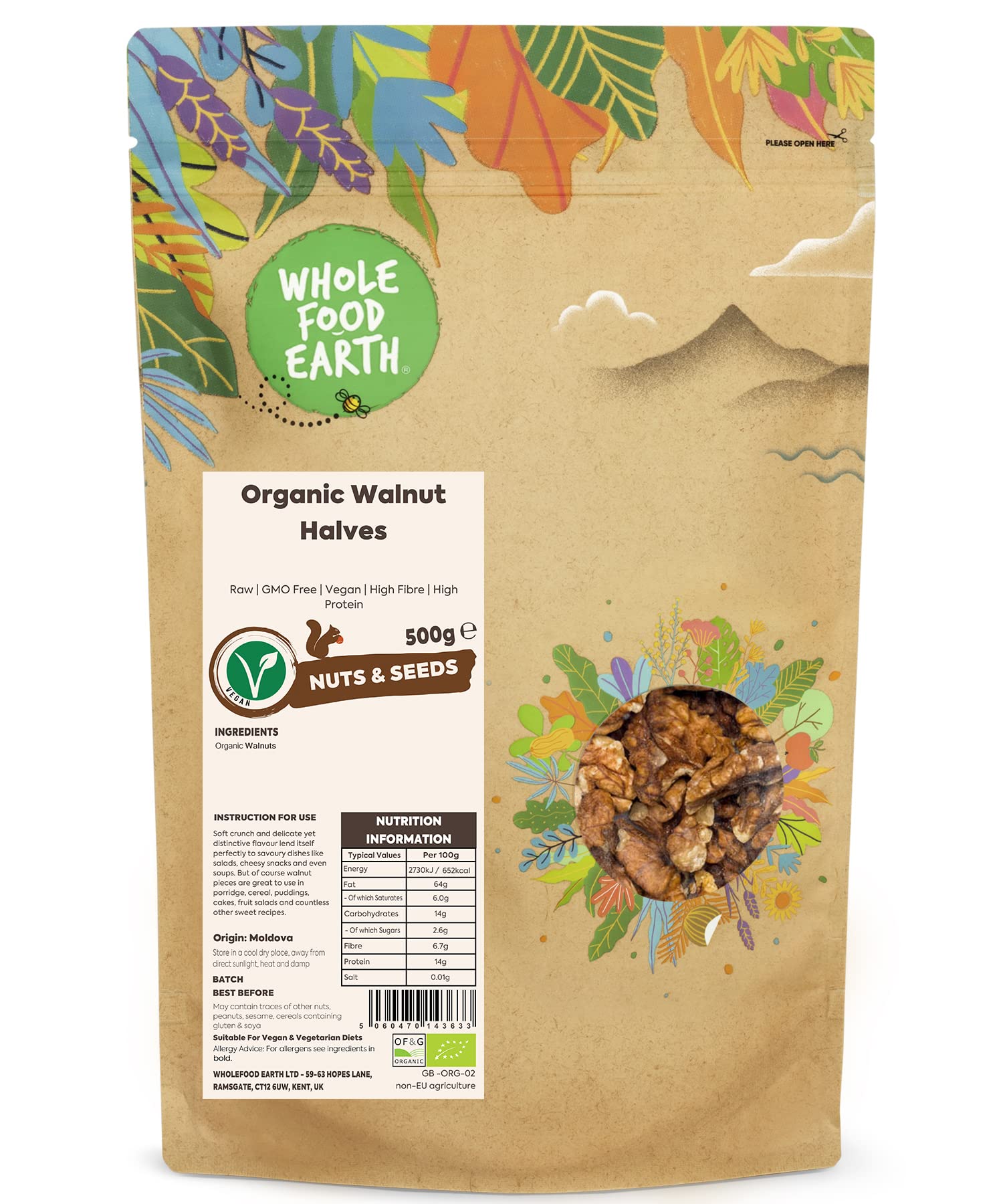 Wholefood Earth Organic Walnut Halves - Raw, GMO Free, Vegan | 500g 1