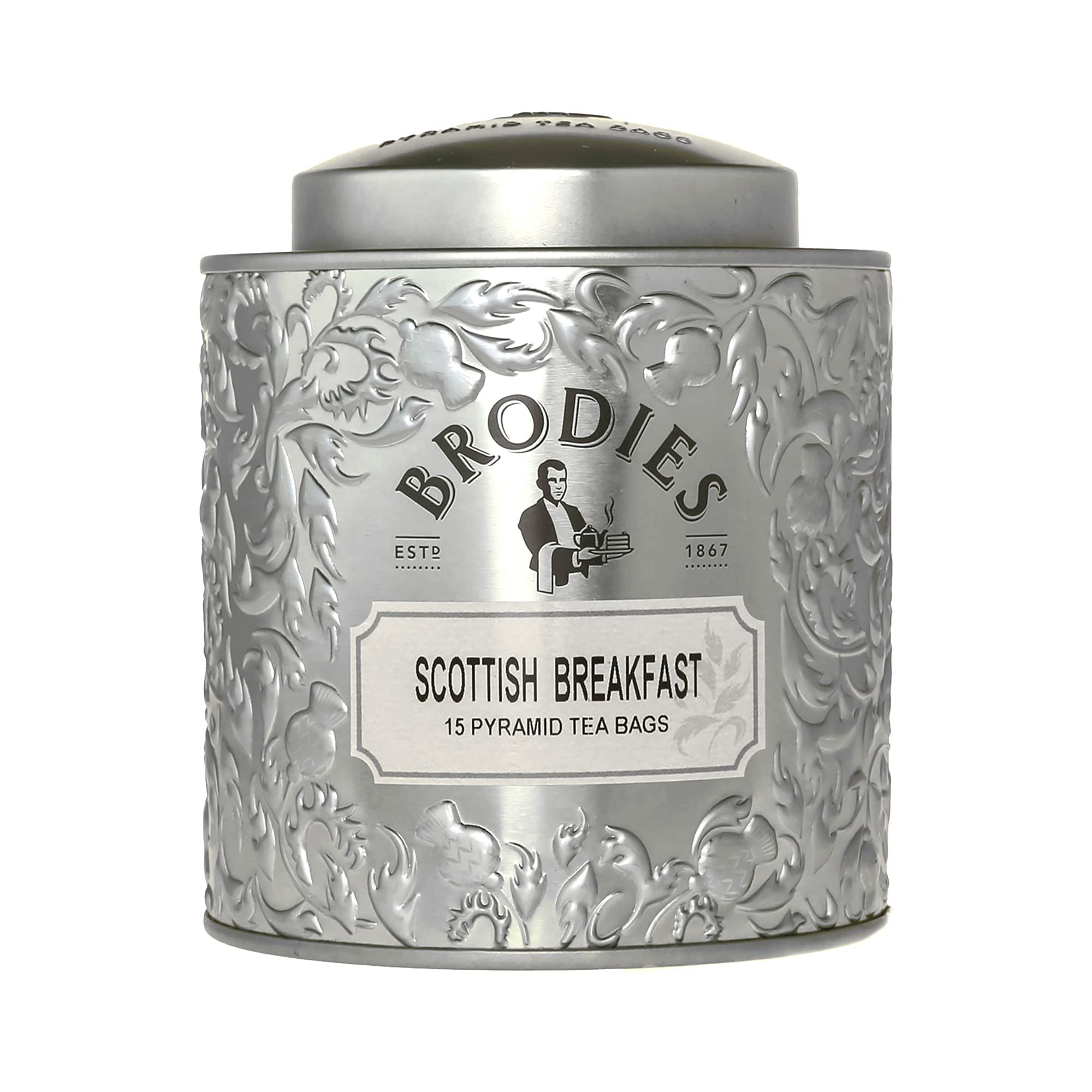 Brodies Scottish Breakfast Tea - 15 Pyramid Tea Bags in Reusable Silver Gift Tin 8