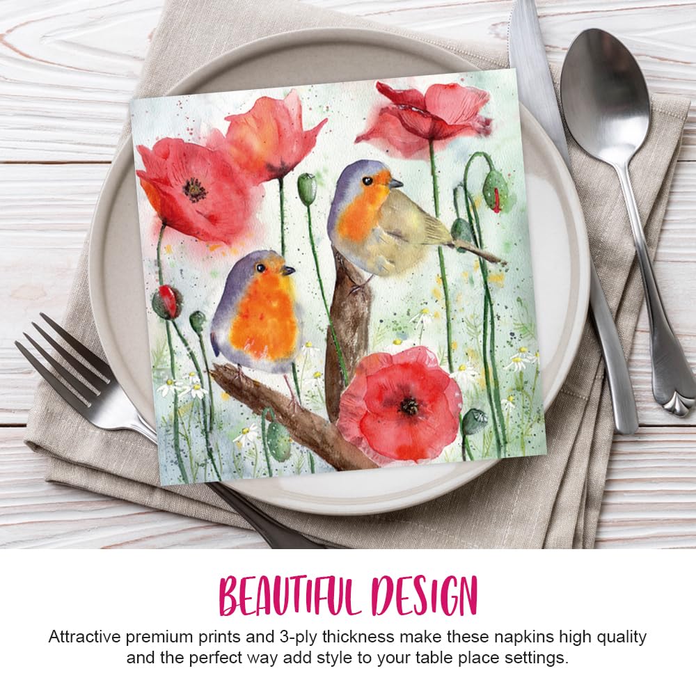 JET PAPIER GMBH Lunch Napkins - 3-Ply, Robin Birds Poppy Flowers Design | 33 x 33 cm | 20 Count 5