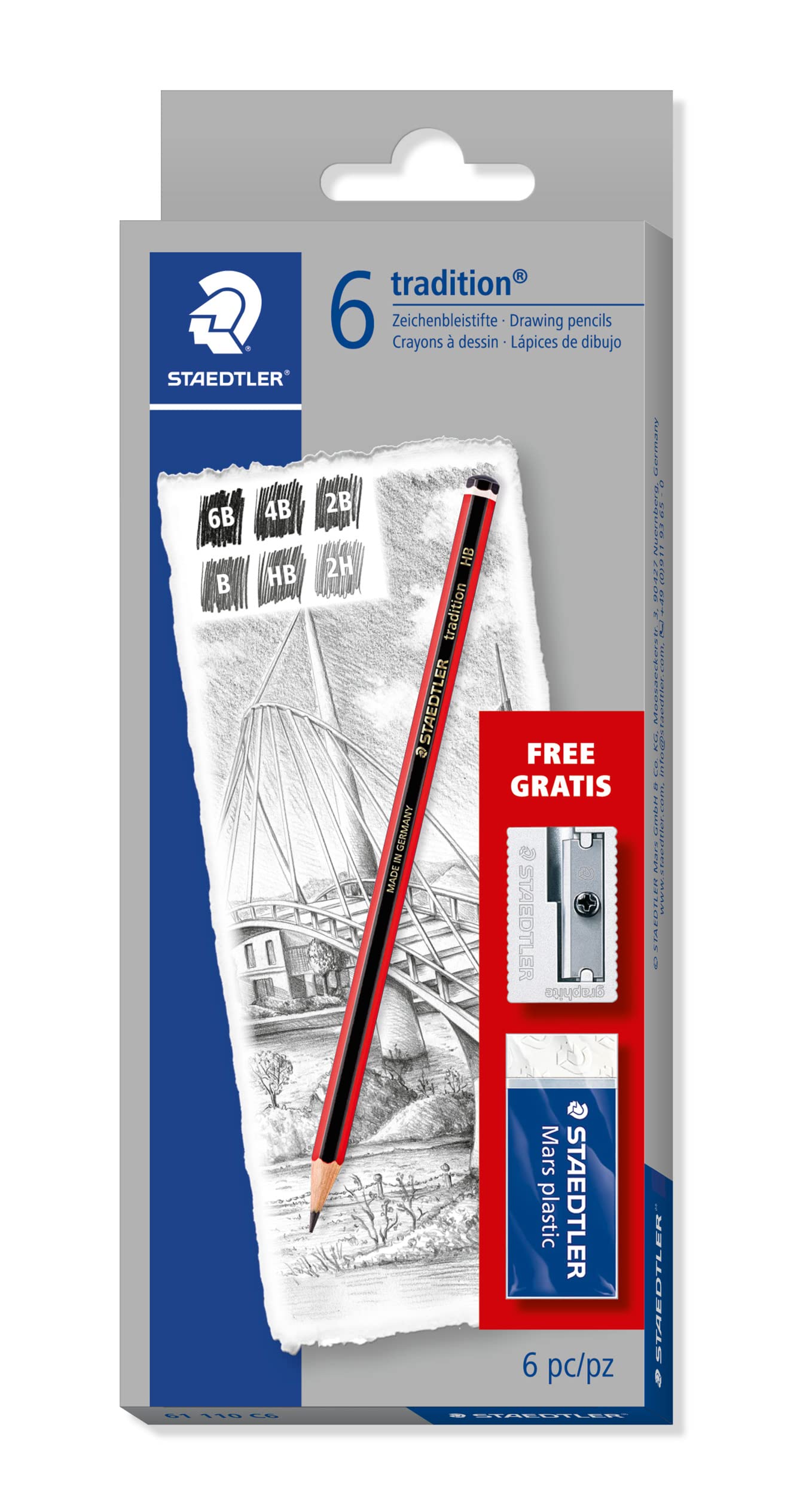 STAEDTLER Tradition Sketching Pencil (61 110C6) - 2B Hardness, Erasable, Black | Pack of 6 1