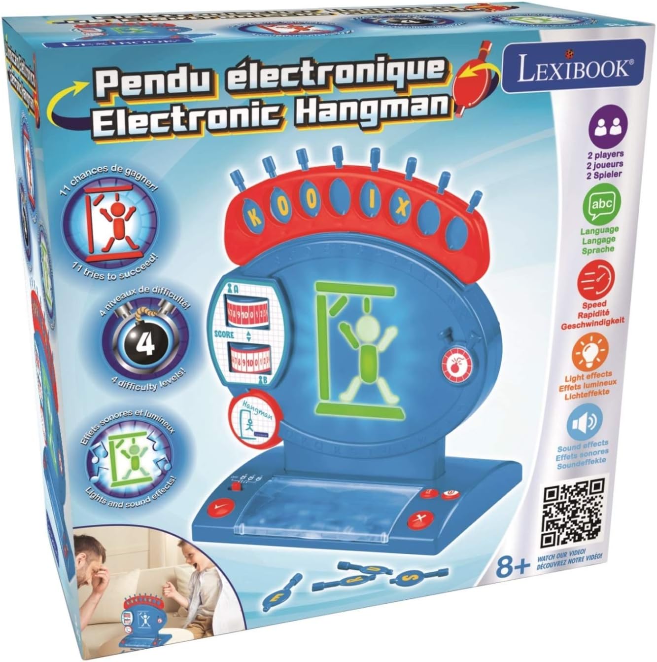 Lexibook JG800 Electronic Hangman Board Game, 2-Player Spelling Challenge with Light and Sound Effects, Blue/Red