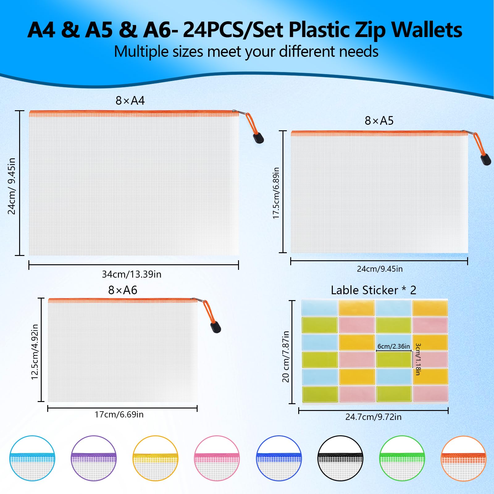 NORTHERN BROTHERS 24PCS Zip Lock Plastic Wallets - A4, A5, A6 Assorted Sizes, Waterproof PVC Folders 2