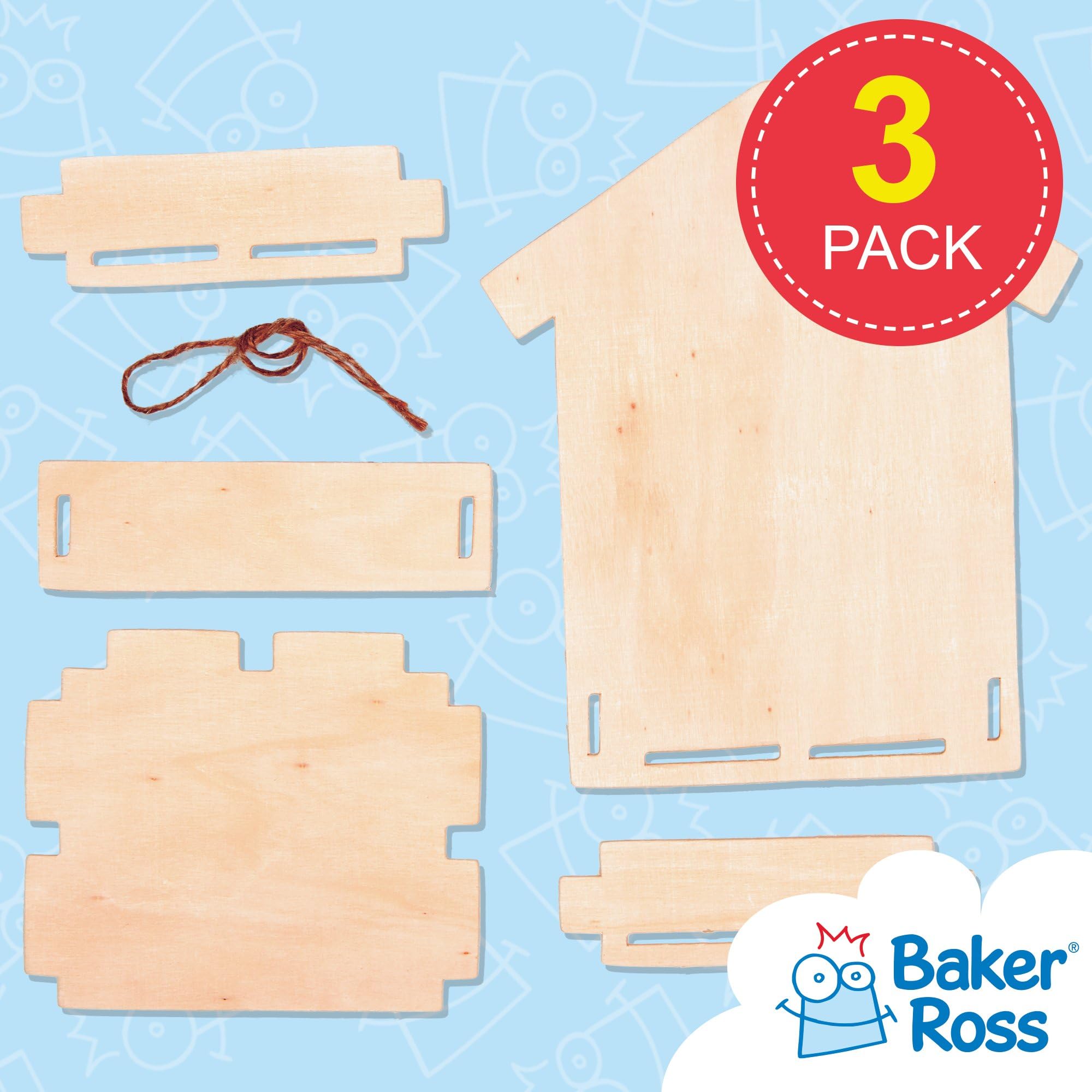 Baker Ross Mini Wooden Bird Feeder Kits - Paintable Craft Set | Pack of 3 | Customizable