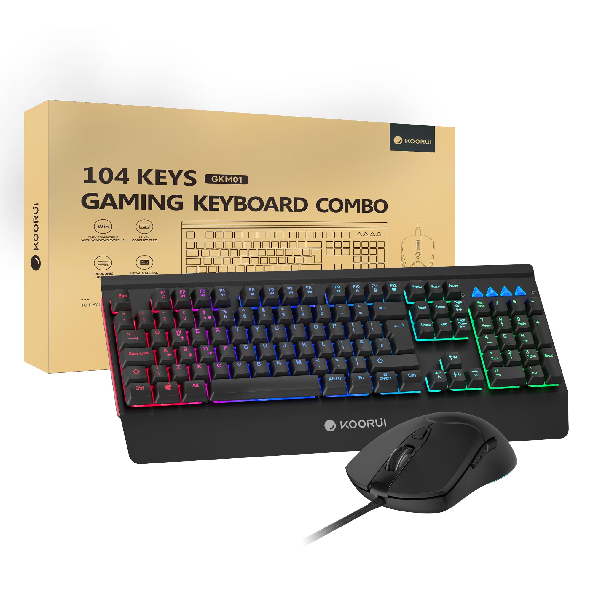 KOORUI Gaming Keyboard Mouse Set - 104-Key QWERTY Mechanical-Like Keyboard with Palm Rest & 6-Button Gaming Mouse, Black