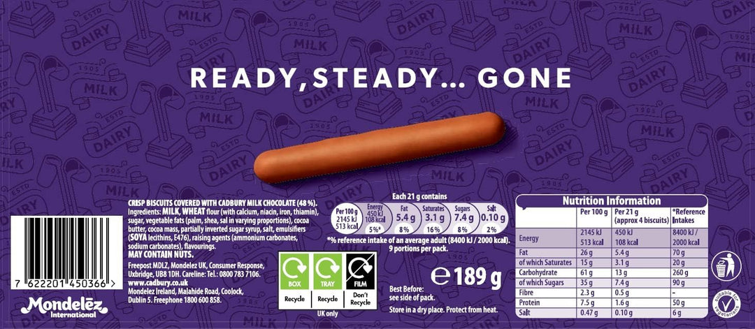 Cadbury Dairy Milk Fingers Milk Chocolate Biscuits, Crunchy Biscuit Fingers Coated in Smooth Chocolate