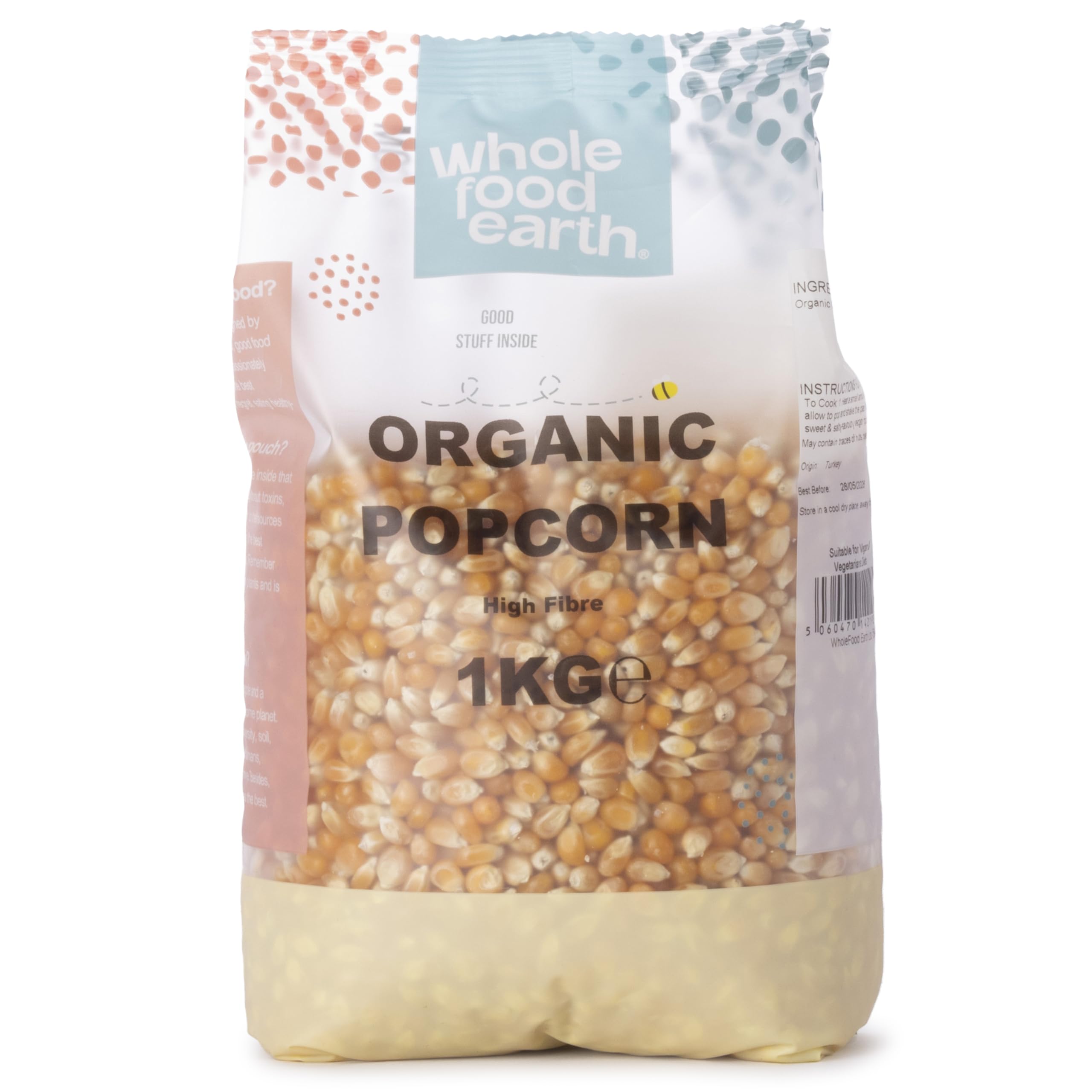 Wholefood Earth Organic Popping Corn Kernels - 1kg | GMO Free | Vegan | High Fibre