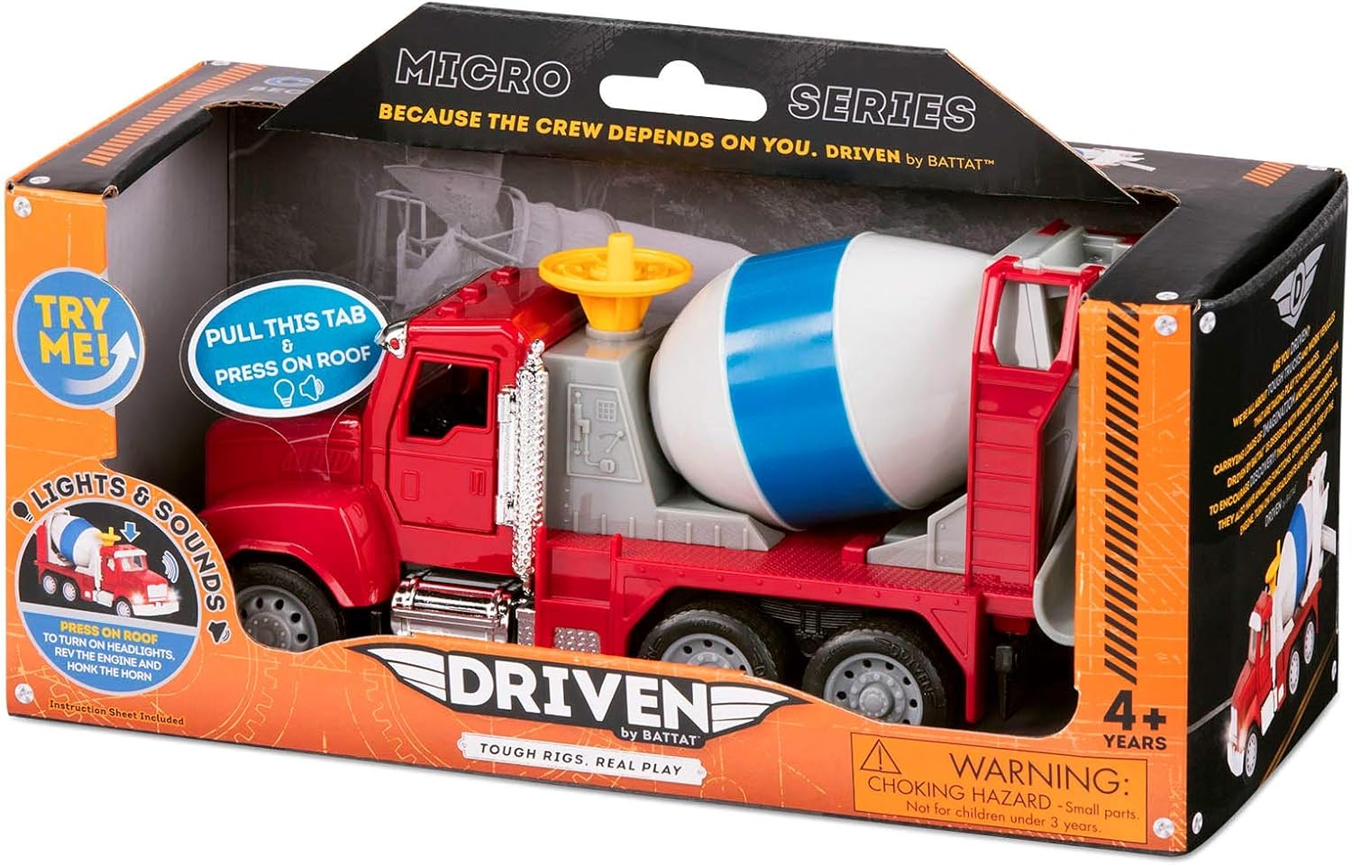 DRIVEN by Battat Micro Cement Mixer Truck - 1:48 Scale Interactive Toy with Lights & Sounds, Ages 3+ 5