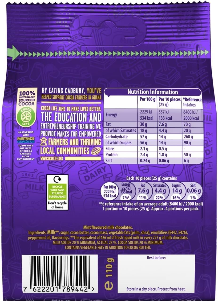 Cadbury Dairy Milk Giant Mint Chocolate Buttons, 110g Bag