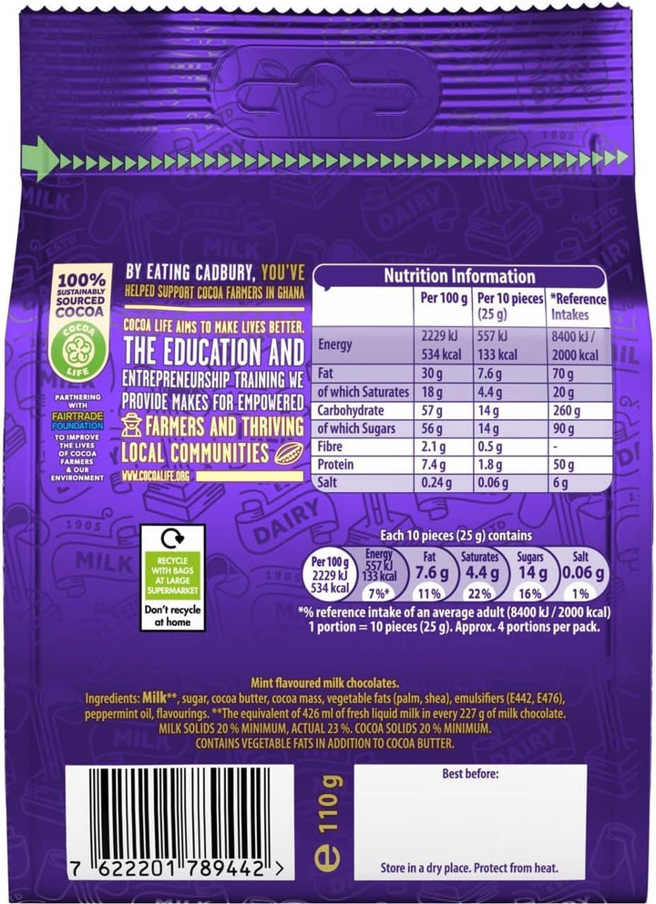 Cadbury Dairy Milk Giant Mint Chocolate Buttons, 110g Bag
