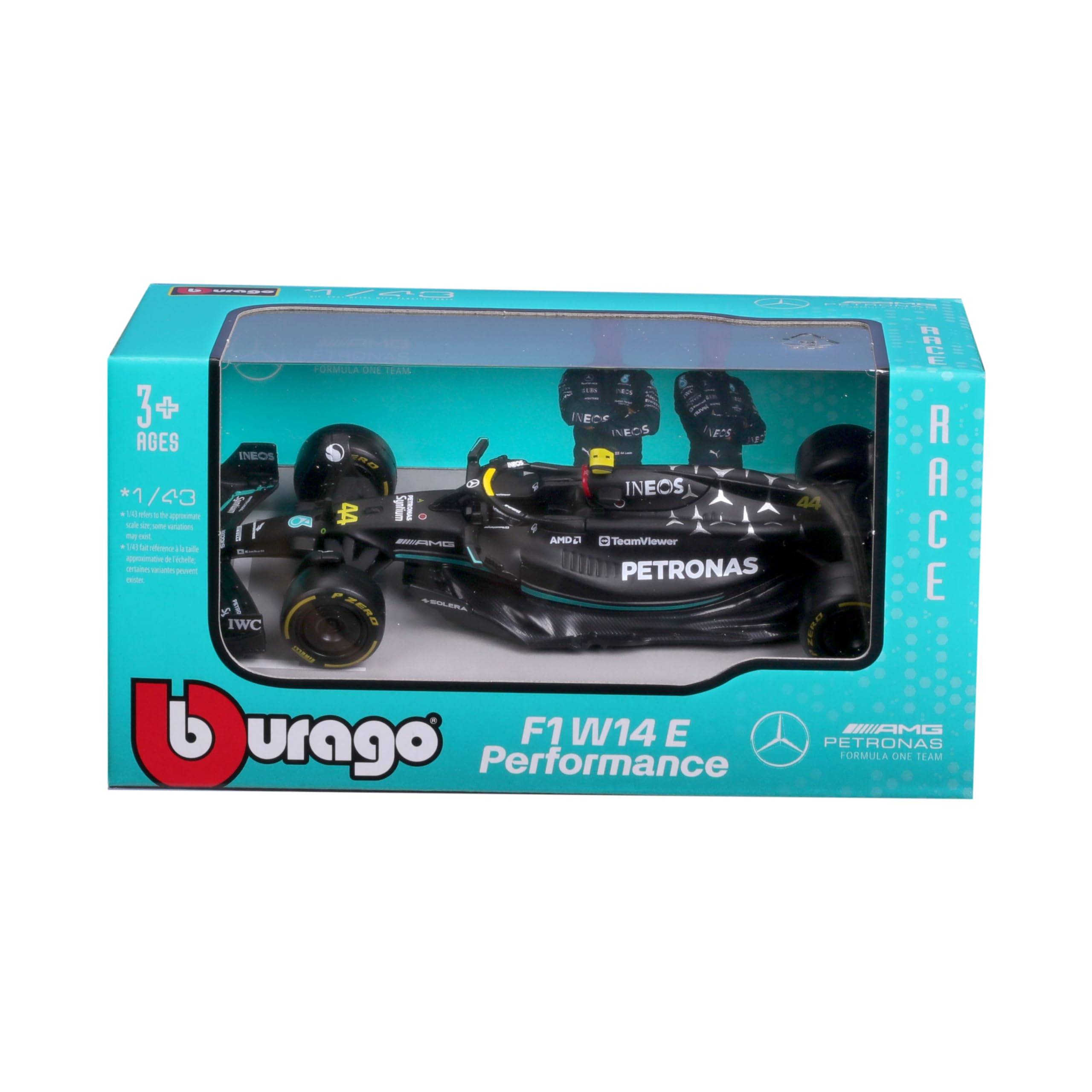 Bburago Formula 1 F1 MB W14 2023 (Hamilton) Race Car - 1:43 Scale - Incredibly Detailed Die-Cast Replica Collectible Model Vehicle, Black 2