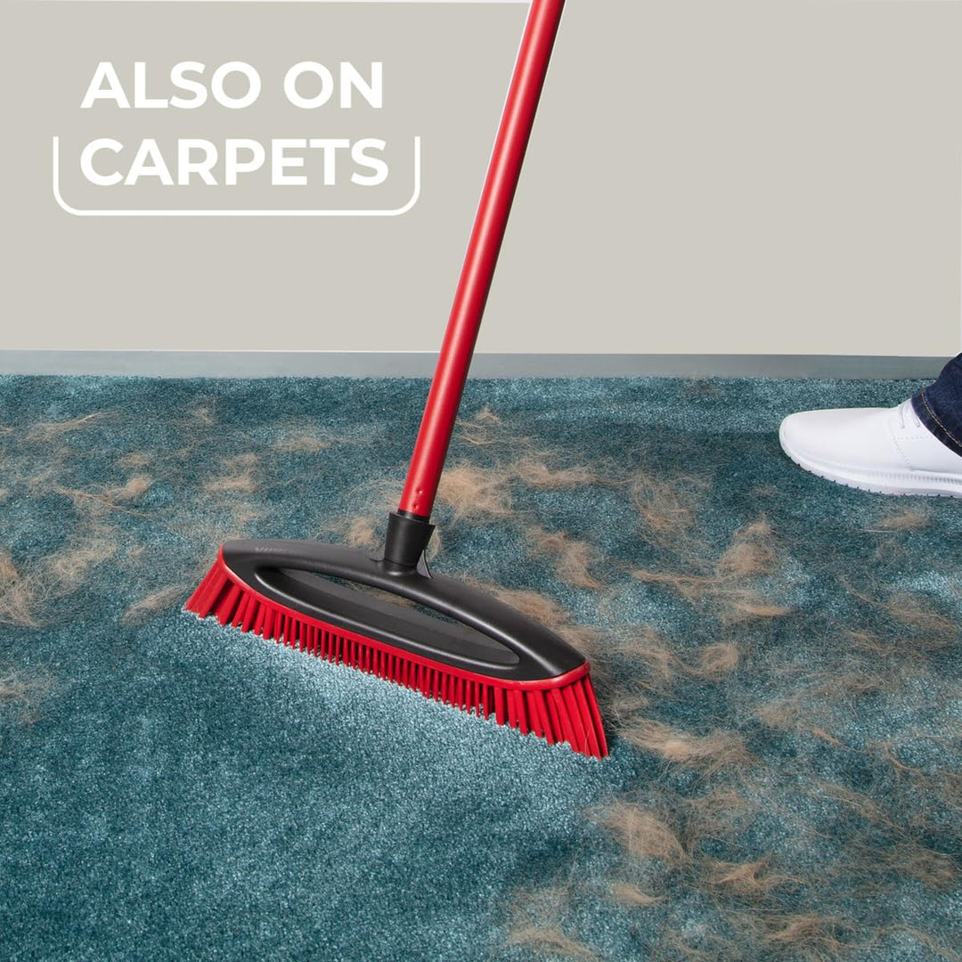 Vileda Pet Pro Always Clean Broom - Rubber Broom for Pet Hair Removal, Angled Bristles for Corners, Easy Rinse Clean, Red