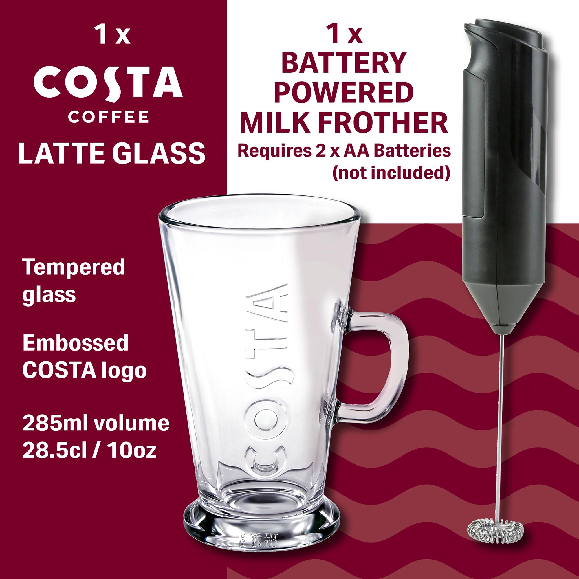 Kimm & Miller Costa Coffee Luxury Gift Set with Latte Glass & Battery-Powered Milk Frother 11