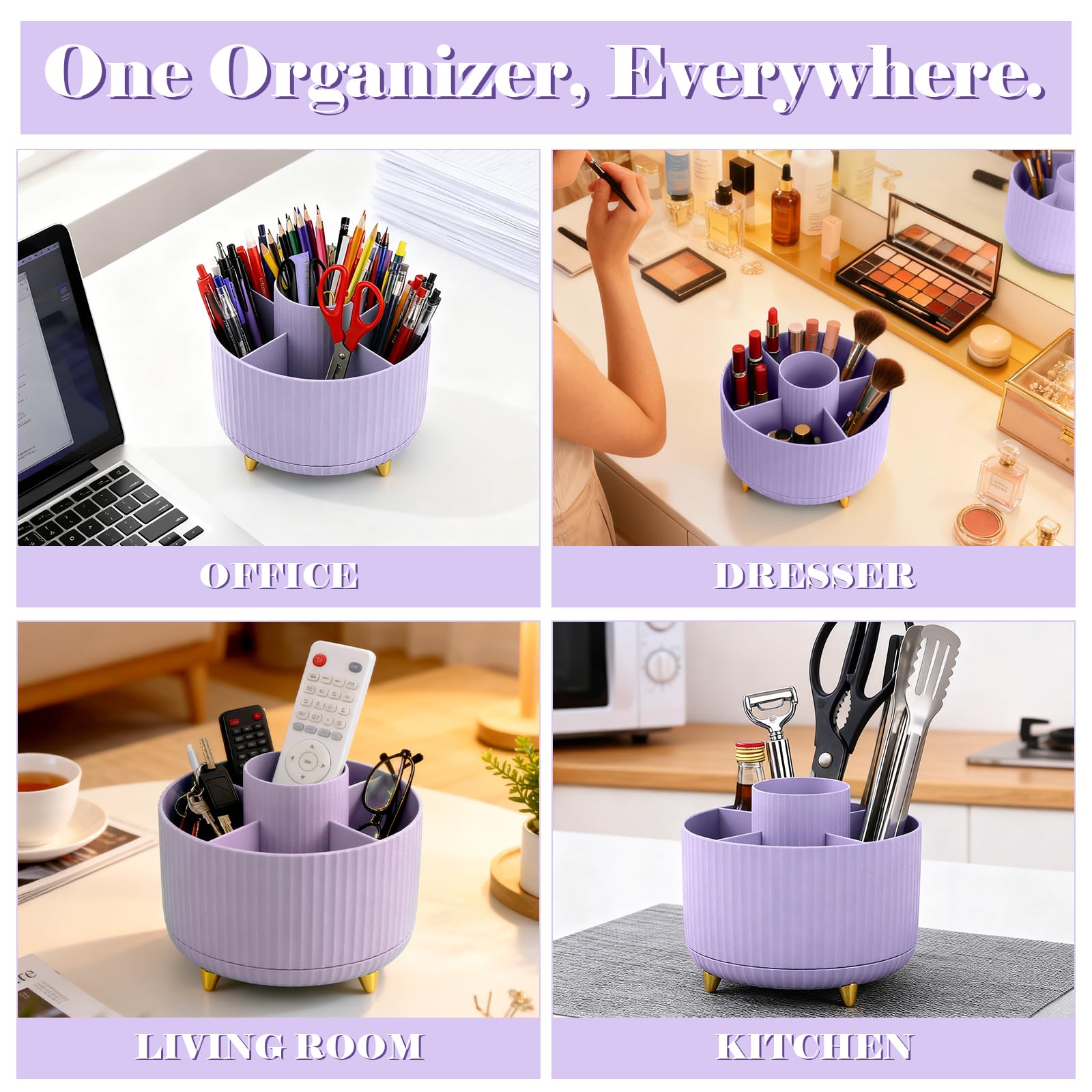 Lychico Desk Organiser - 360° Rotating Pencil Cup with 5 Compartments | Plastic | Purple 4