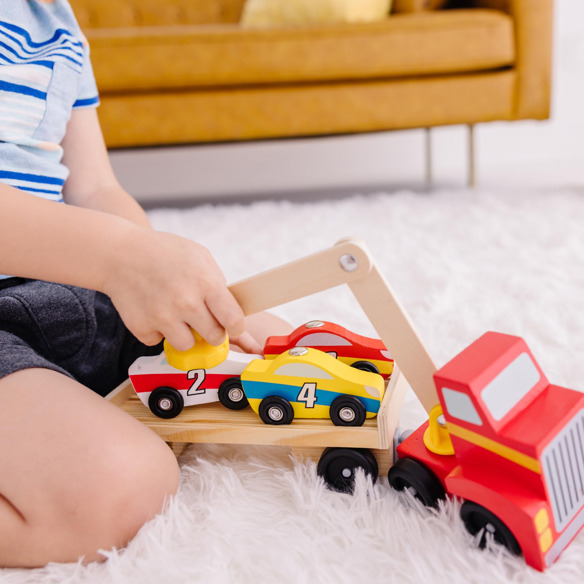 Melissa & Doug Magnetic Car Loader Wooden Truck Set | Ages 3+ | Includes Truck, Trailer, and 4 Magnetic Cars 5