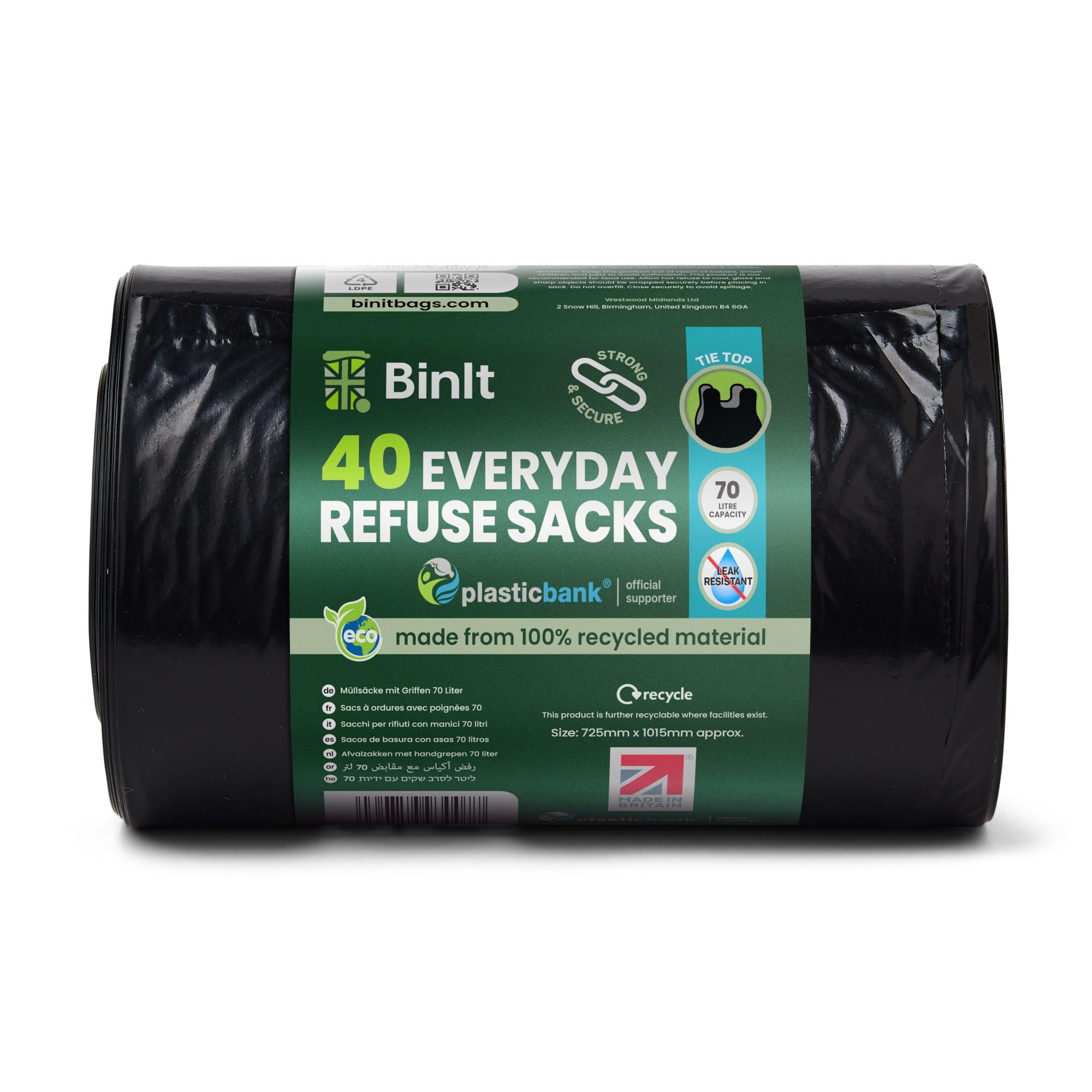 BIN IT Everyday Refuse Sacks - 70 Litre Capacity, 40 Count Tie Top Bin Liners