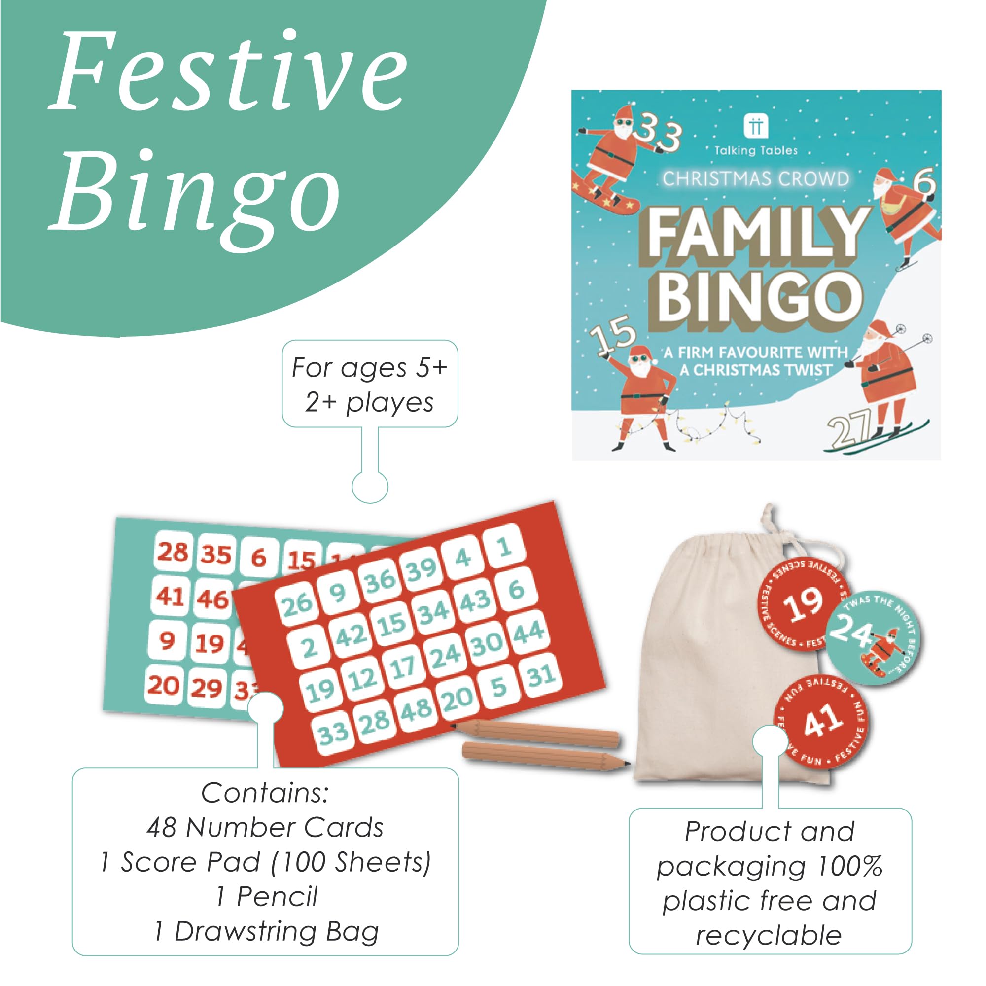 Talking Tables Posing Santa Bingo Game, 100 Sheets Score Pad, Christmas Family Card Game 12