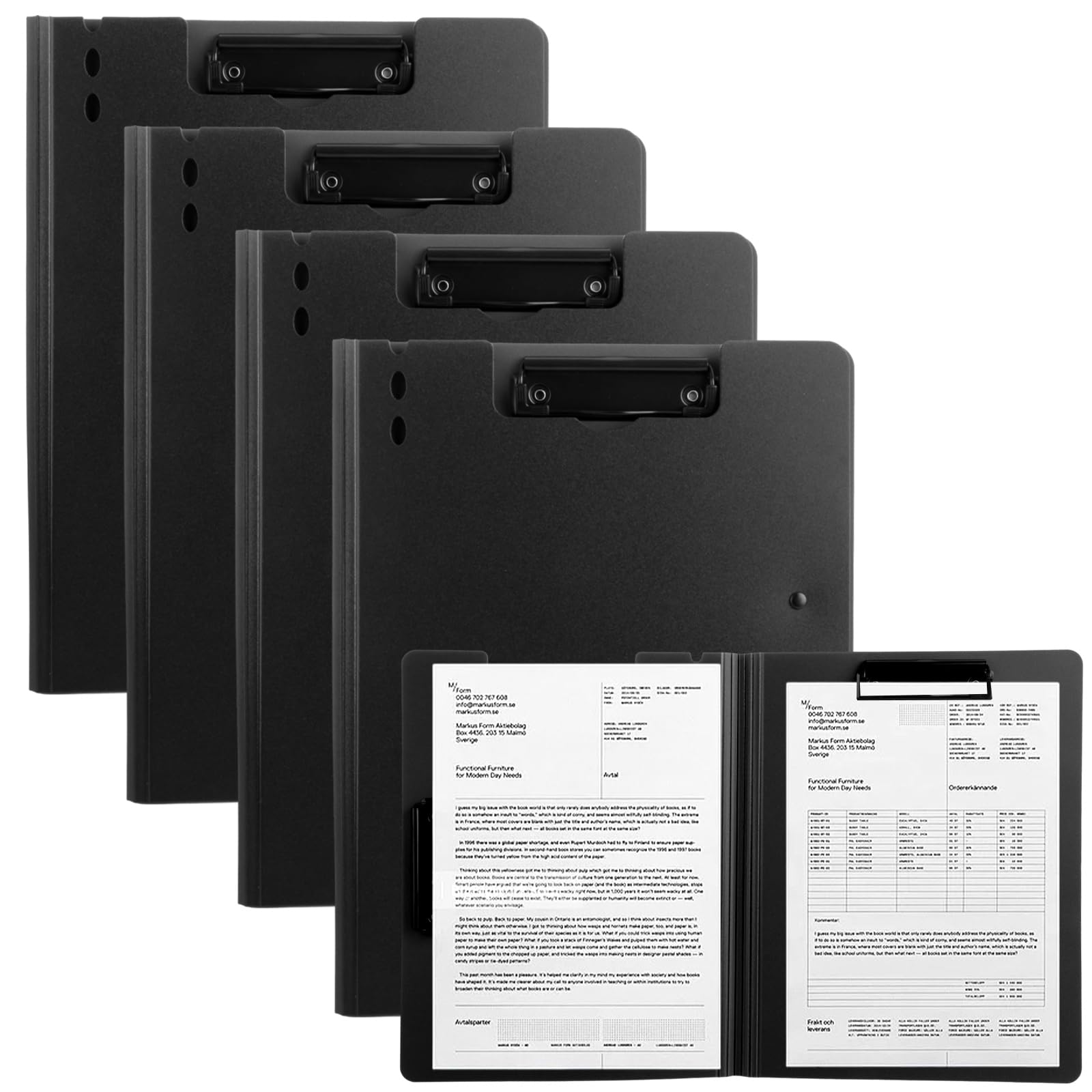 ASelected A4 Folding Clipboards with Cover, Black, Pack of 4 | Durable Plastic | Holds 100 Sheets