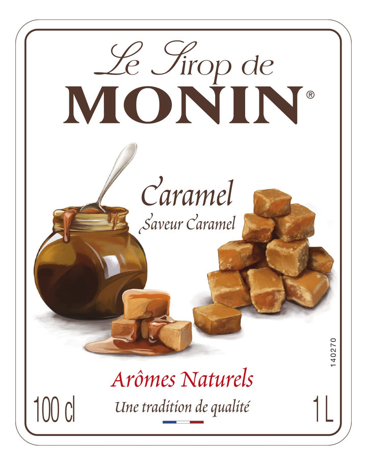 MONIN Premium Caramel Syrup 1L - Vegan, Allergen-Free, Natural Flavouring for Coffee, Cocktails & Desserts