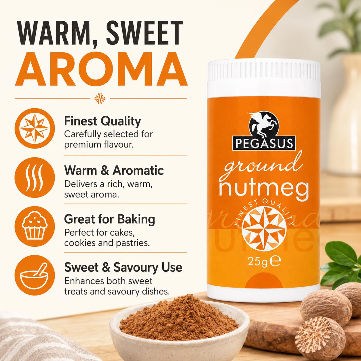 Pegasus Ground Nutmeg - Premium Aromatic Spice for Baking & Cooking | 25g Powder