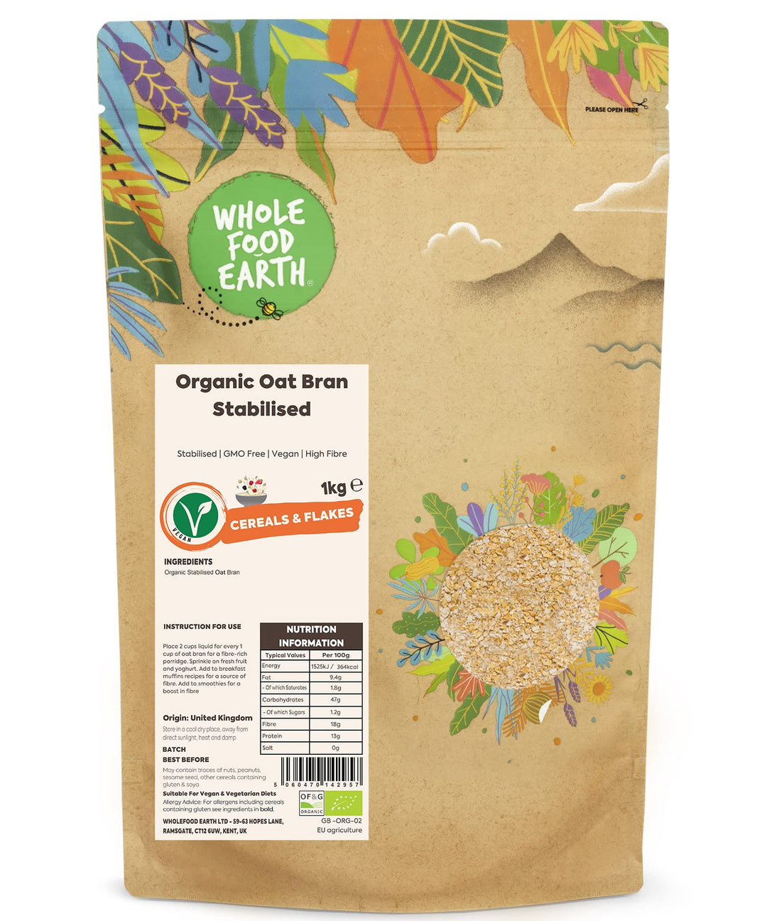 Wholefood Earth Organic Stabilised Oat Bran 1 kg | GMO Free | High Fibre Whole Grain