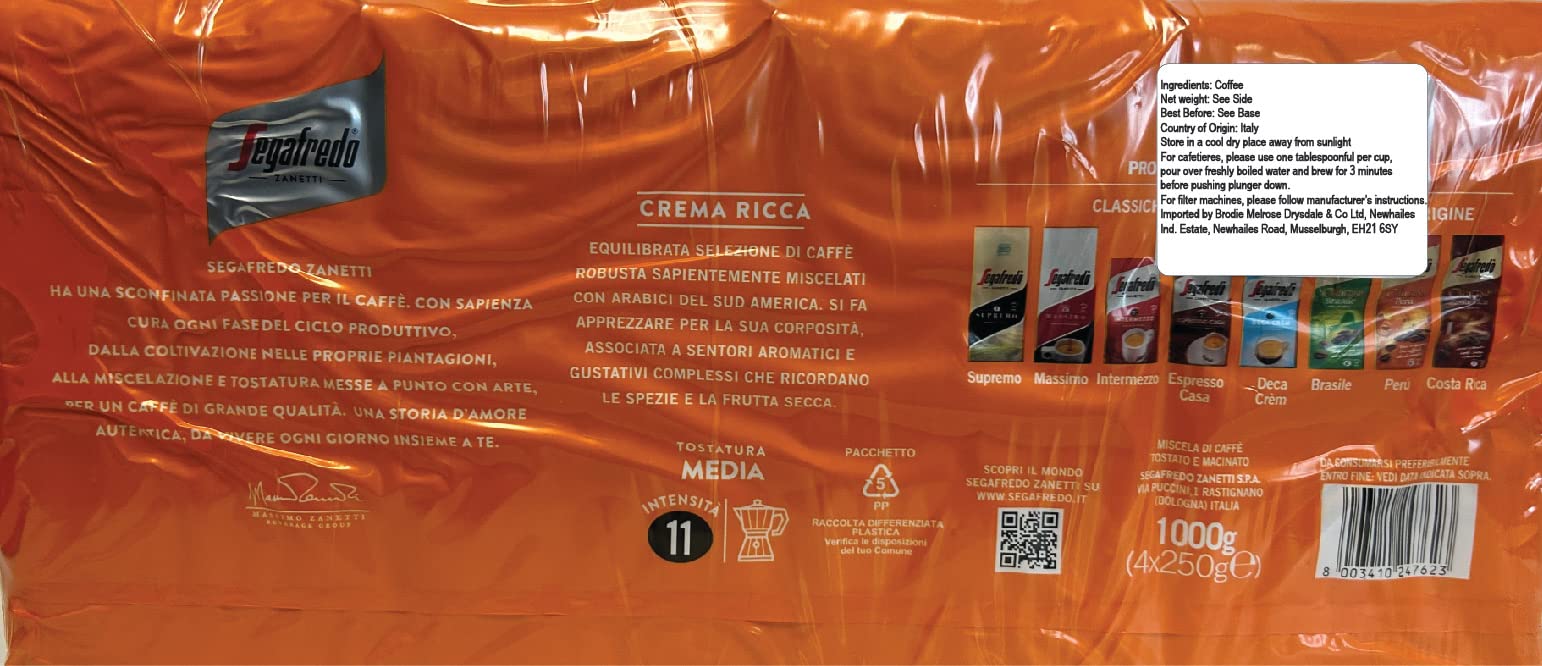 Segafredo Zanetti Ground Coffee Crema Ricca - Medium Roast, Intense Flavor | 4 x 250g Pack 8