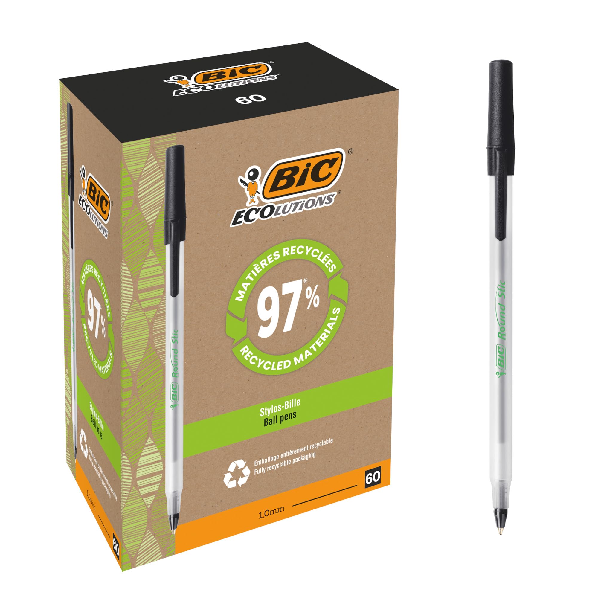 BIC Round Stic ECOlutions Ballpoint Pens - 60 Count Box - Black Ink, Medium 1.0mm Point 1