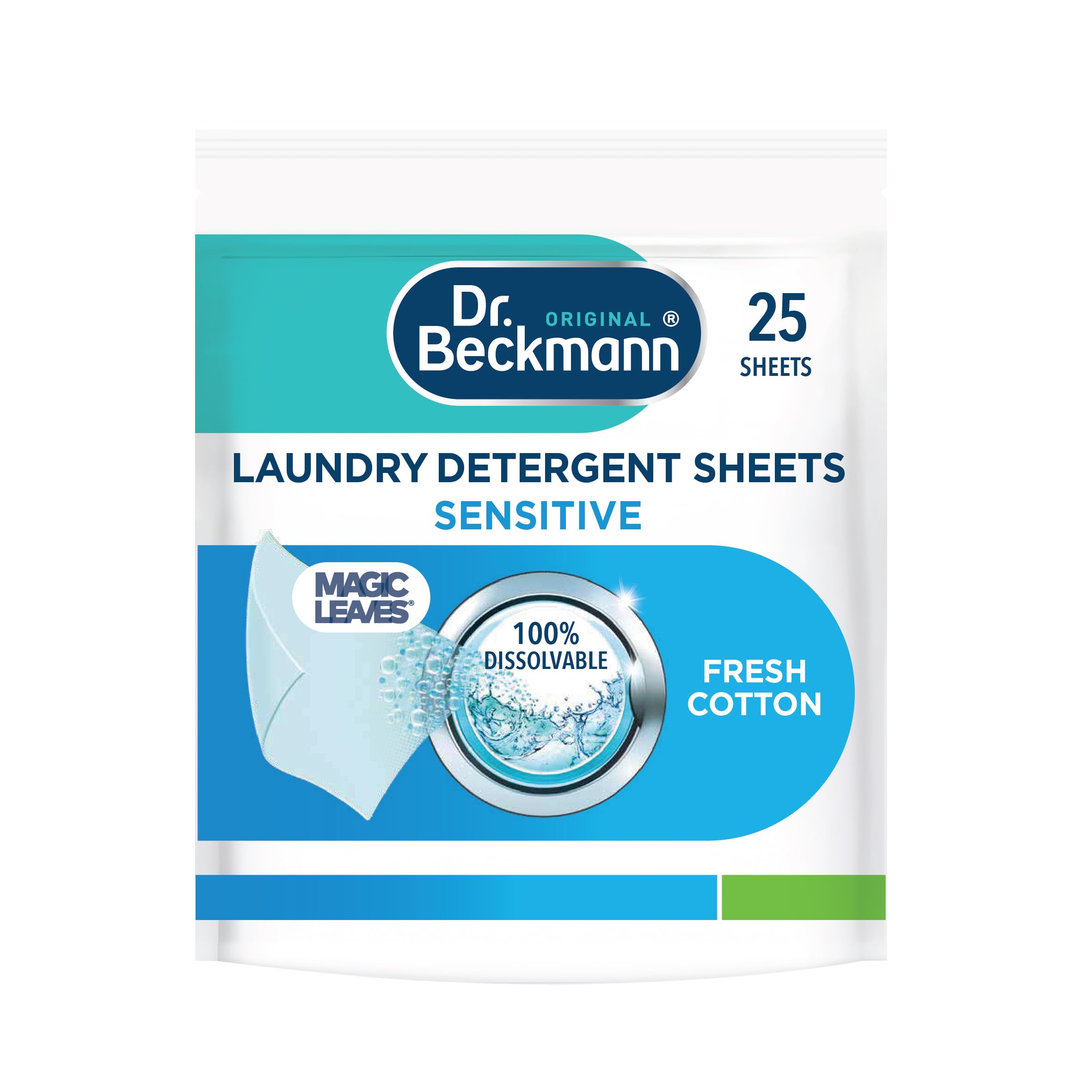 Dr. Beckmann Laundry Detergent Sheets Sensitive - 25 Count | 0% Colourants & Preservatives | Works from 20°C