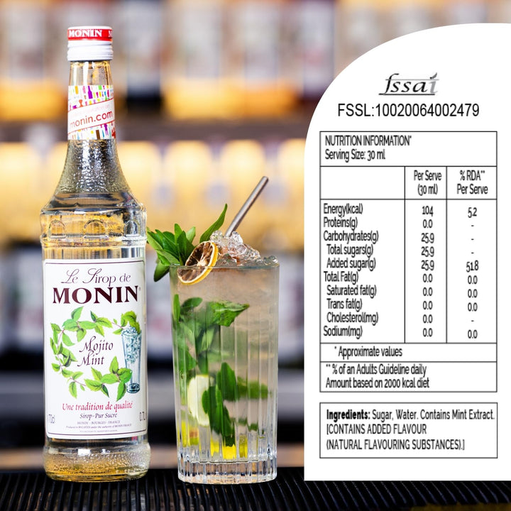 MONIN Mojito Mint Syrup 700ml - Natural Flavouring, Vegan, Halal, Kosher - for Cocktails, Mocktails, Lemonades