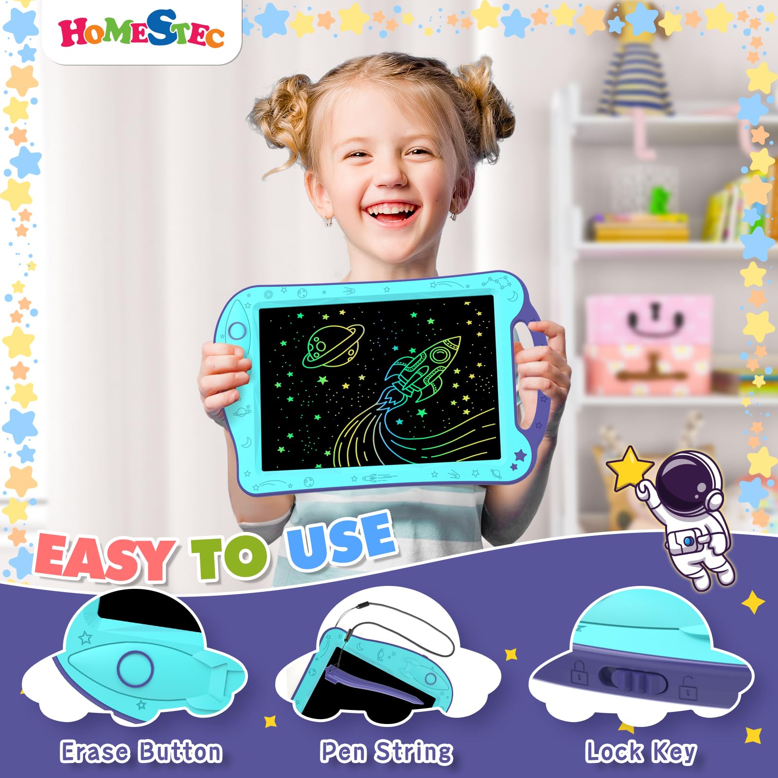 HOMESTEC AstroDraw Space Drawing Pad for Kids - LCD Writing Tablet with Handle, Educational Toddler Toy for Ages 18 Months and Up (Aqua/Purple) 4