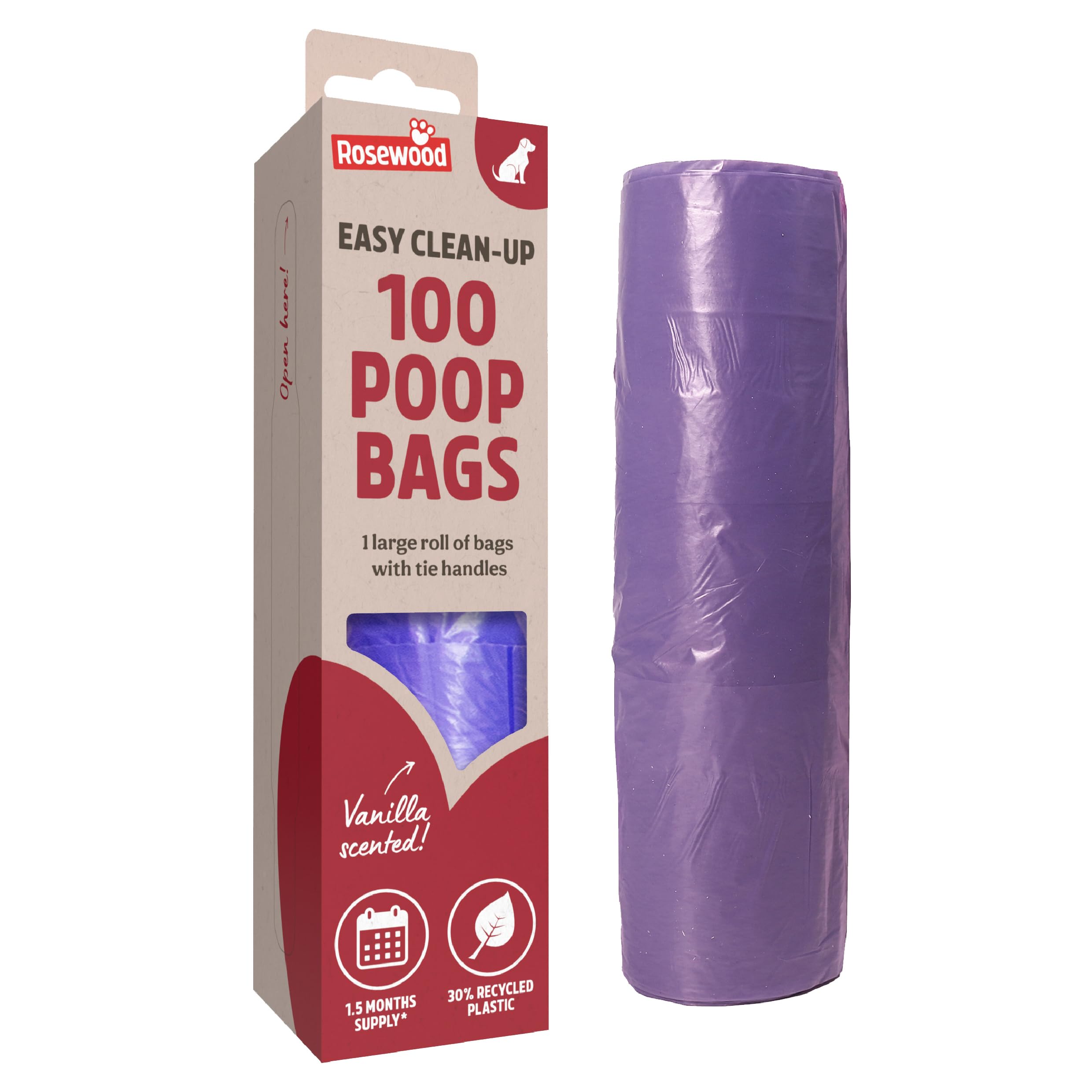 Rosewood Dog Poo Bags with Handles - 100 Count Roll | Vanilla Scented | 30% Recycled Plastic