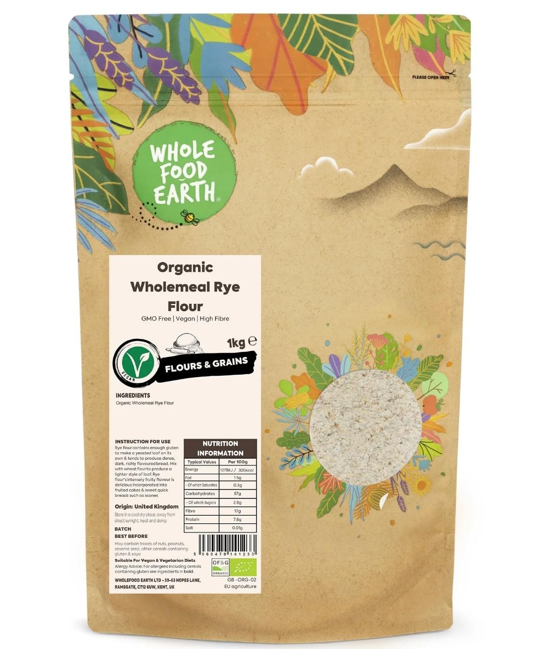 Wholefood Earth Organic Wholemeal Rye Flour 1 kg – GMO Free, Vegan, High Fibre Baking Flour 3