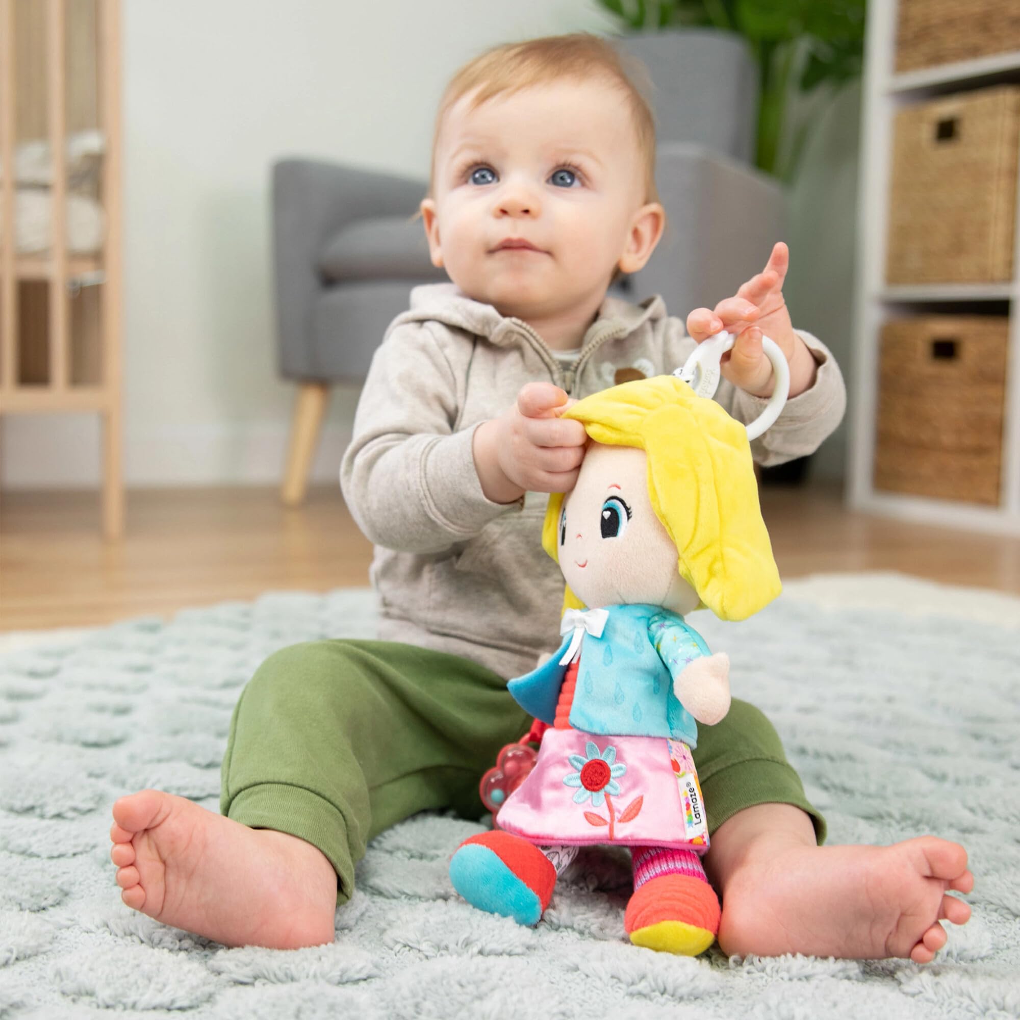 Lamaze My Friend Olivia Clip & Go Pram Toy - Soft Sensory Doll with Rattle and Crinkle Features for Babies 0-6 Months 4