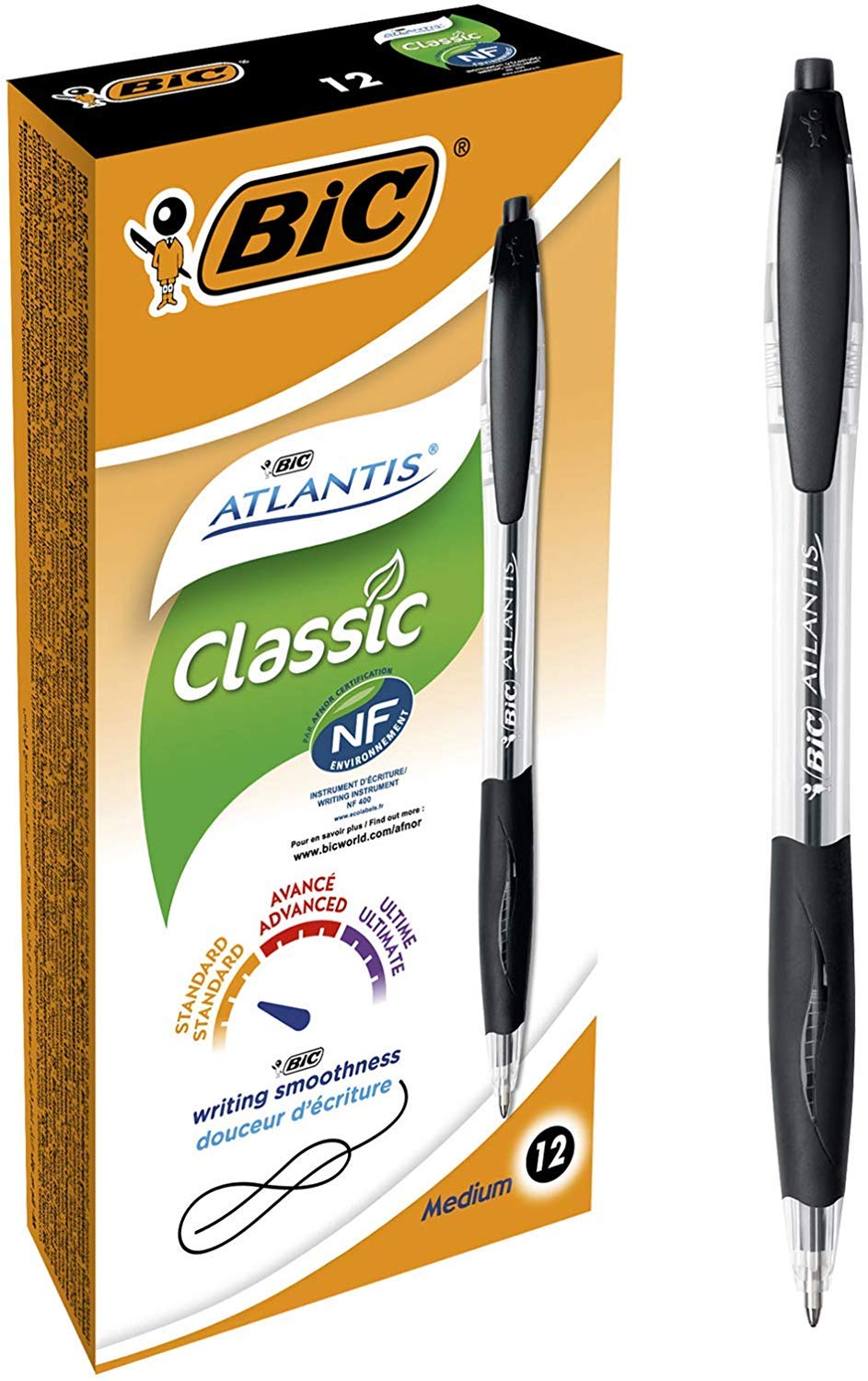 BIC Atlantis Clic Retractable Ballpoint Pens - Black Ink, 1.0mm Medium Point, Cushioned Grip - Box of 12