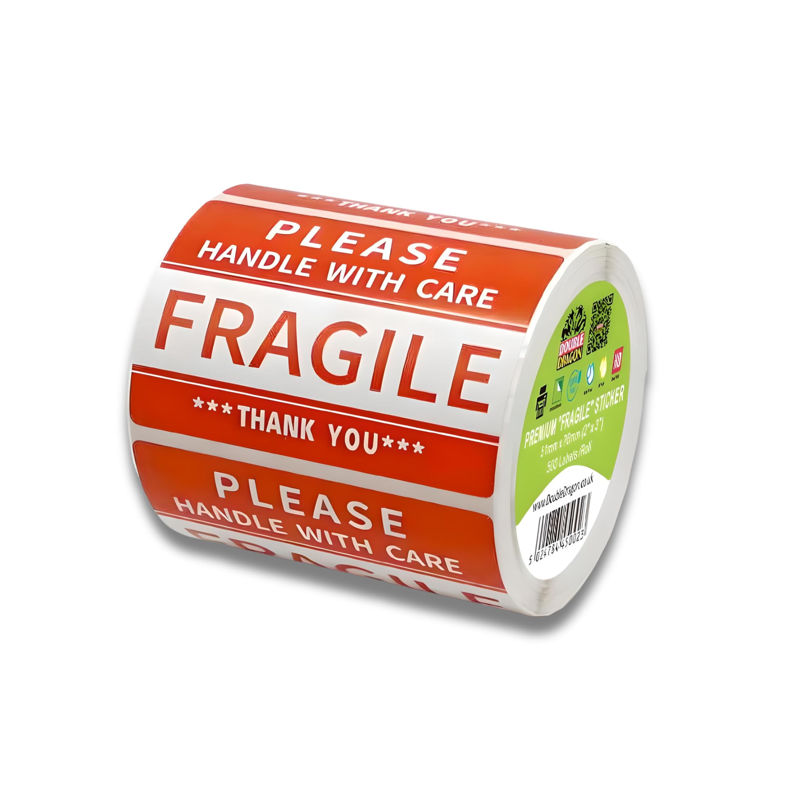 Double Dragon Fragile Handle With Care All-Purpose Labels - 500 Pack, 2x3 Inch Red & White 1