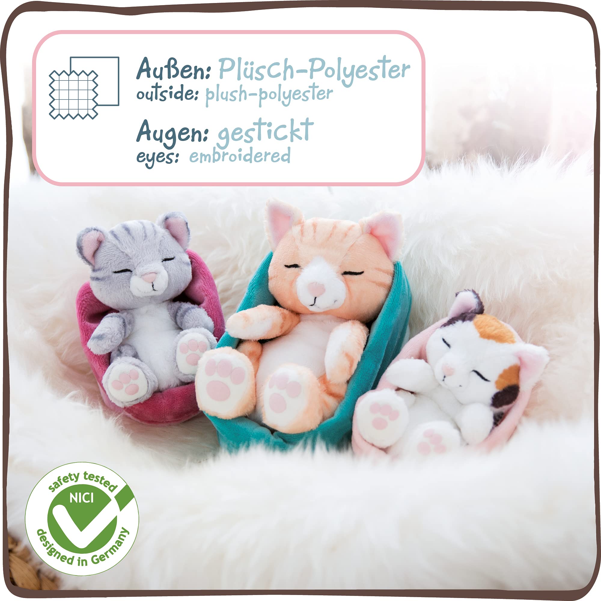 NICI Sleeping Kitties Soft Toy Cat in Pink-Purple Basket - 16 cm Plush Cuddly Animal for Babies & Kids 6