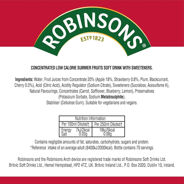 Robinsons Summer Fruits No Added Sugar Squash 1.75L