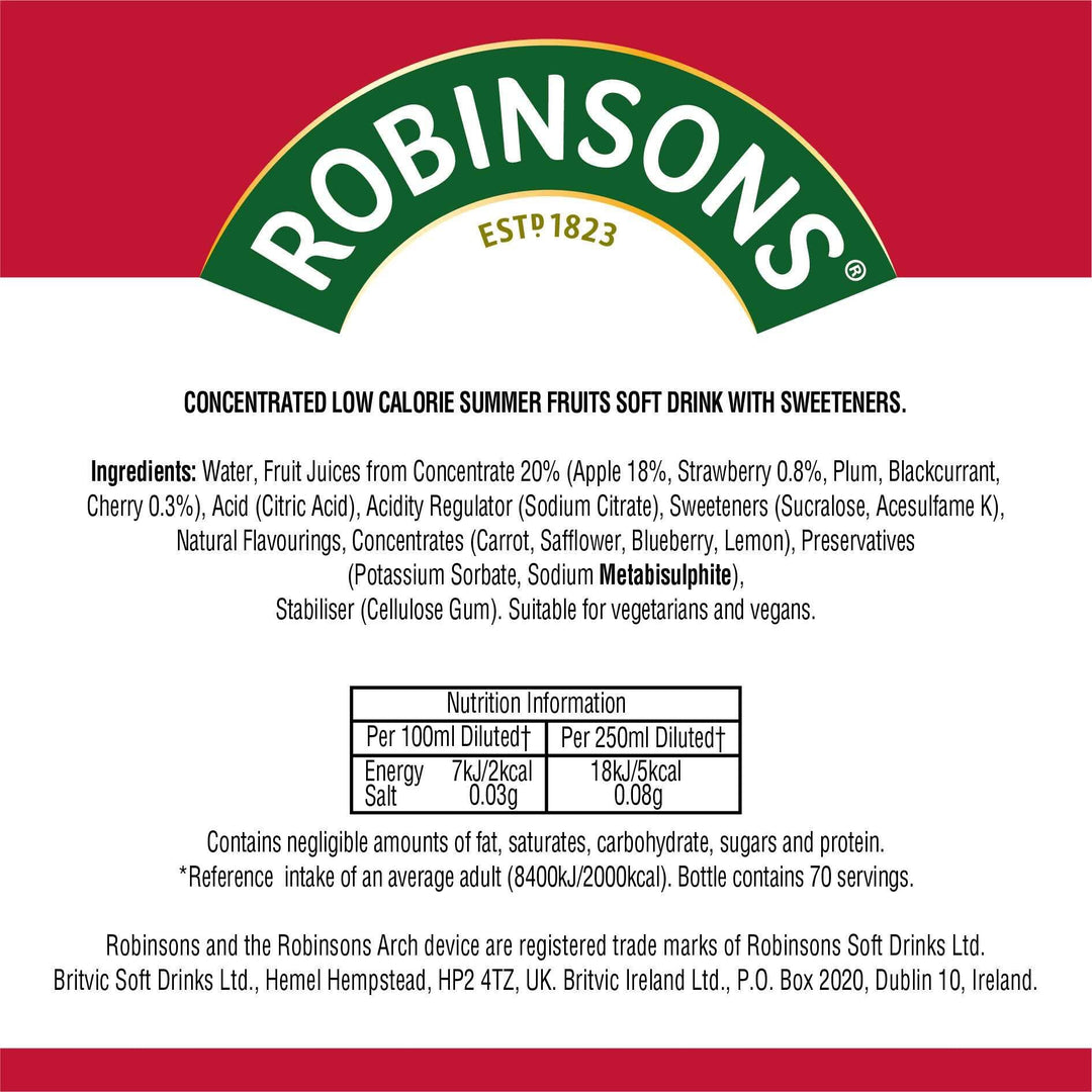 Robinsons Fruit Squash - Low Calorie - Double Strength - Summer Fruits 750ml