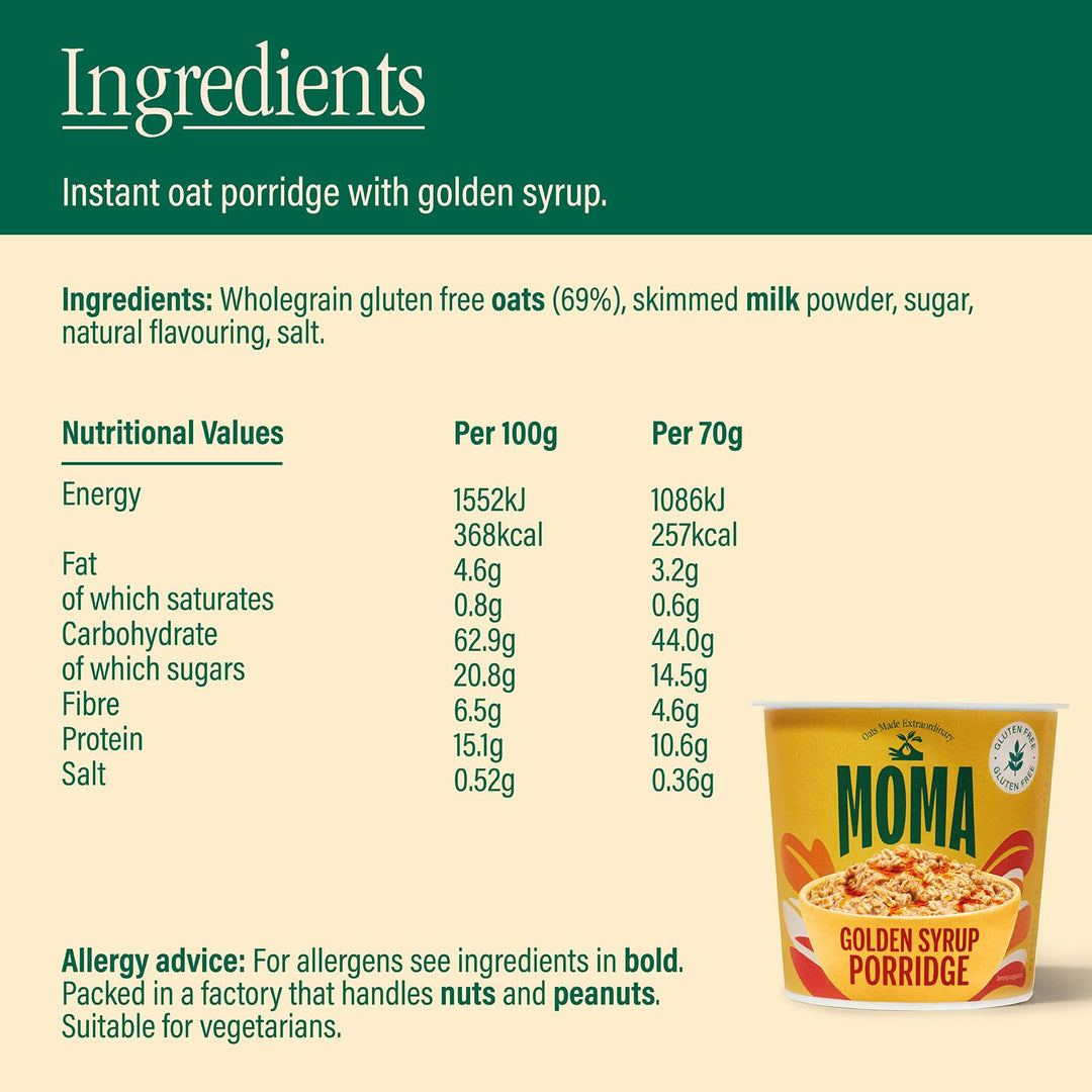 MOMA Instant Porridge Pots Golden Syrup 70g - Gluten Free, High Fibre, Source of Protein