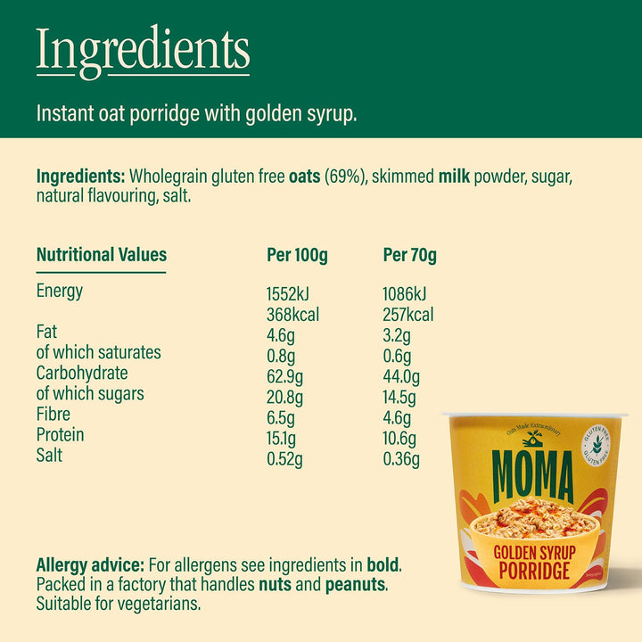 MOMA Instant Porridge Pots Golden Syrup 70g - Gluten Free, High Fibre, Source of Protein