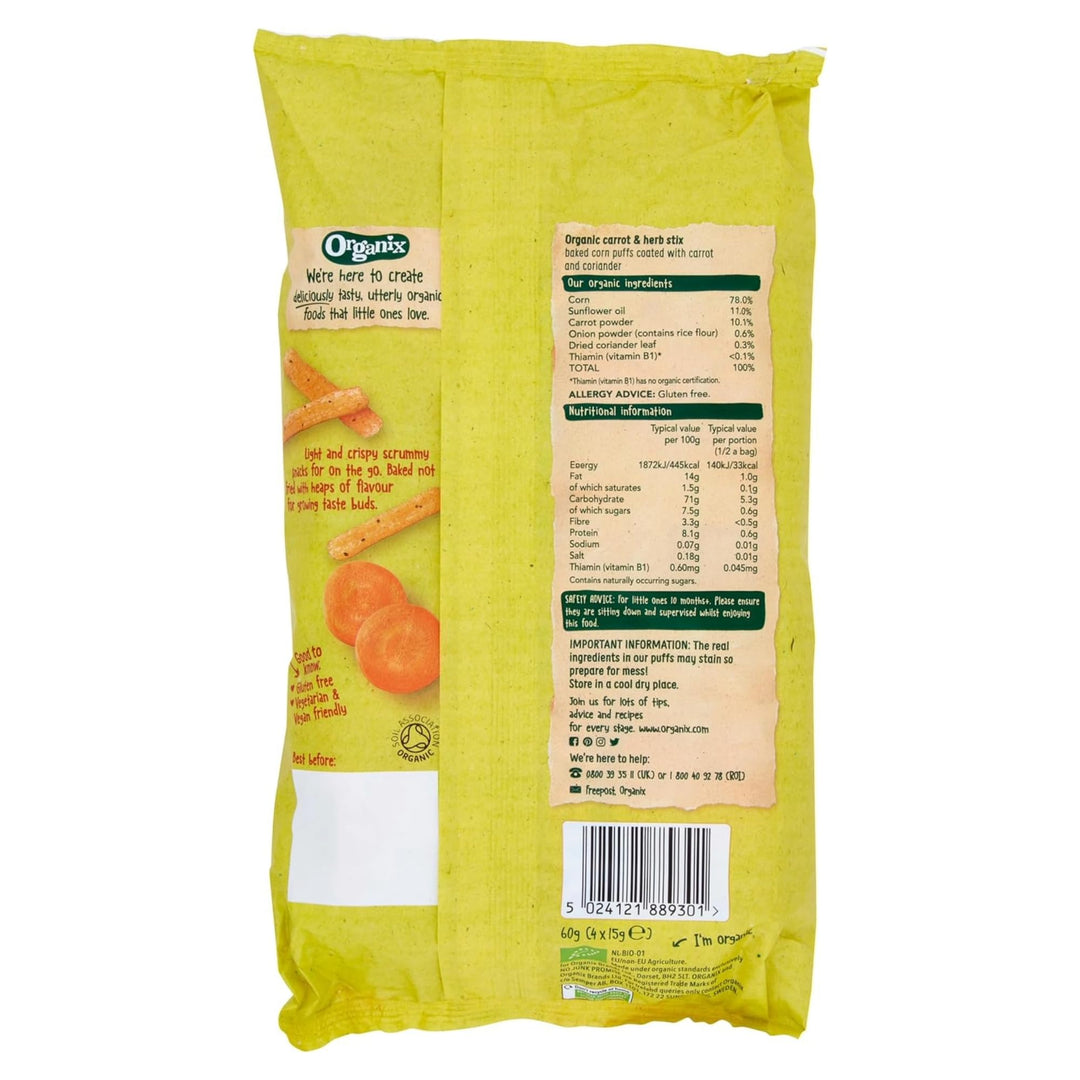 Organix Carrot & Herb Stix Organic Finger Food Snack for Toddlers 10+ Months, 3 Packs (4 x 15g Each)