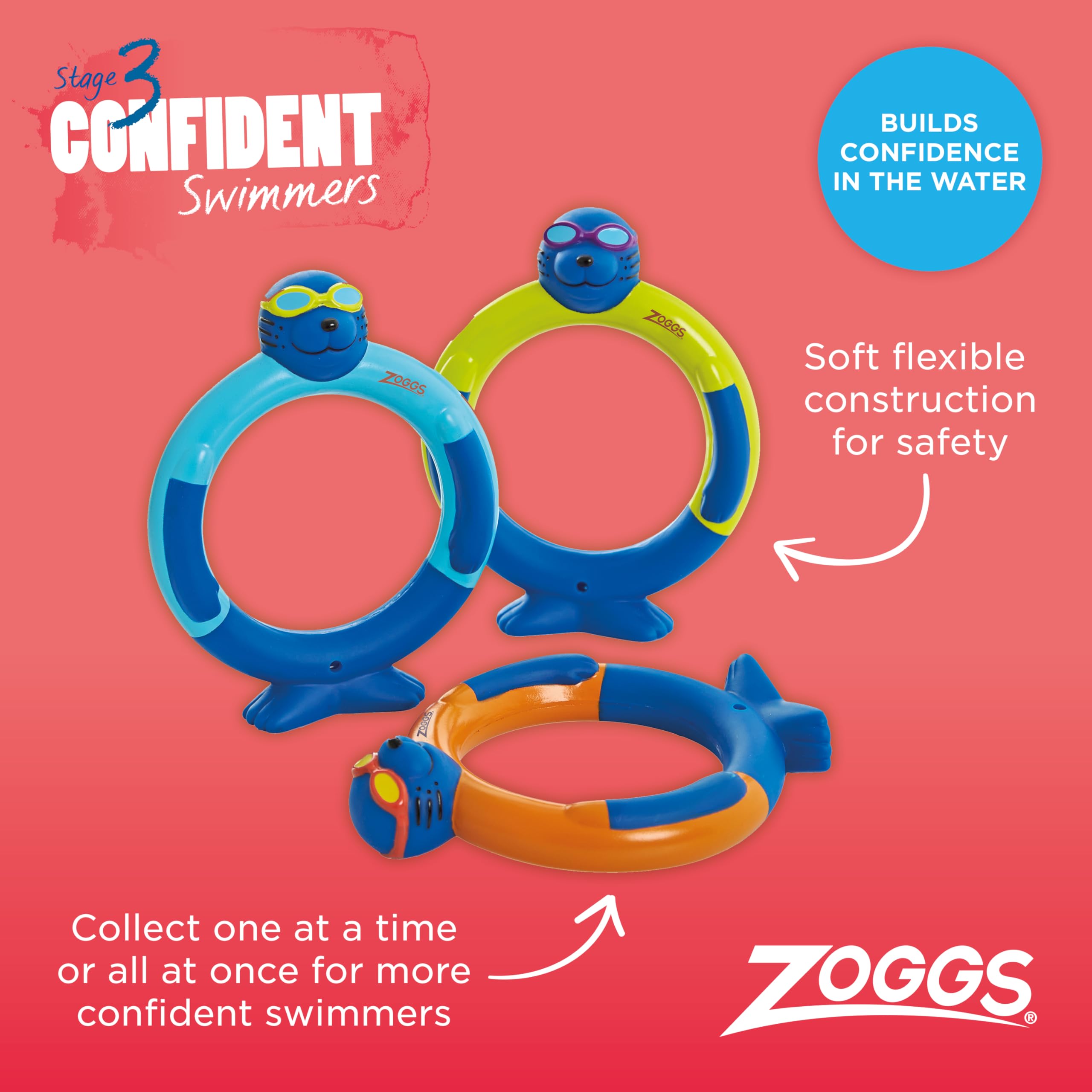 Zoggs Dive Rings - Confidence Building Pool Sinkies for Kids Age 3+ | 3-Pack Blue/Orange/Lime 2