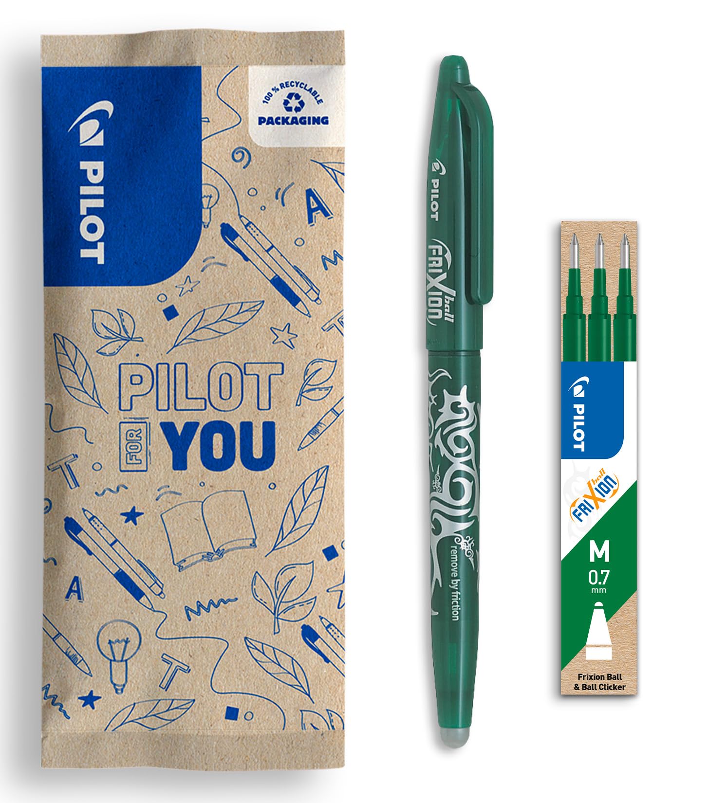 PILOT FriXion Ball Clicker Erasable Gel Rollerball Pen Set - Medium 0.7mm Tip, Green Ink 1