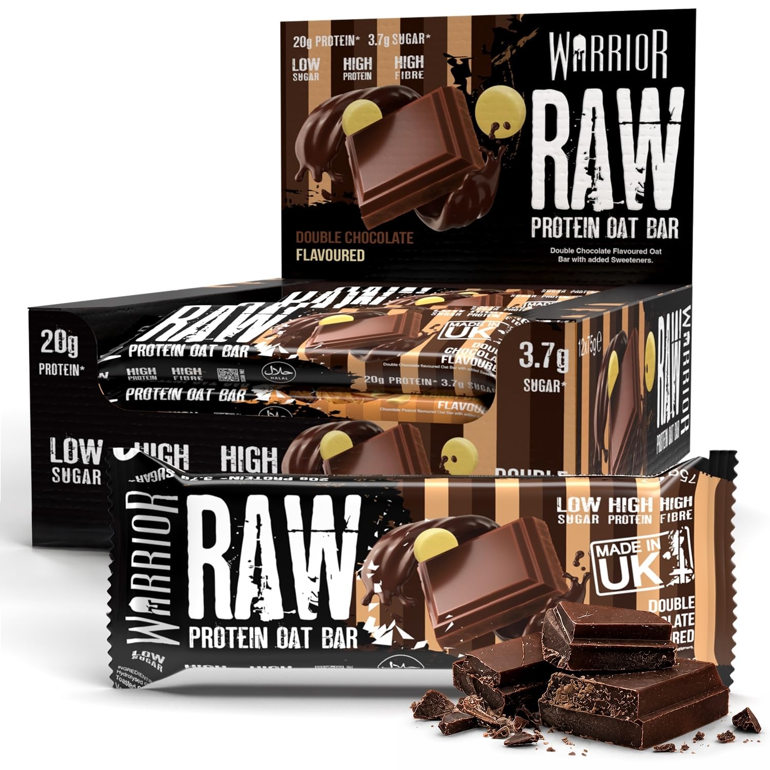Warrior RAW Protein Bars - 20g High Protein, Low Sugar | Double Chocolate | 12 x 75g Pack 1