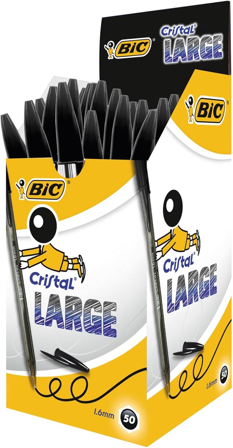 BIC Cristal Large Ballpoint Pens, Every-Day Biro Pens with Wide Point (1.6 mm), Ideal for School, Black Ink, Pack of 50 1