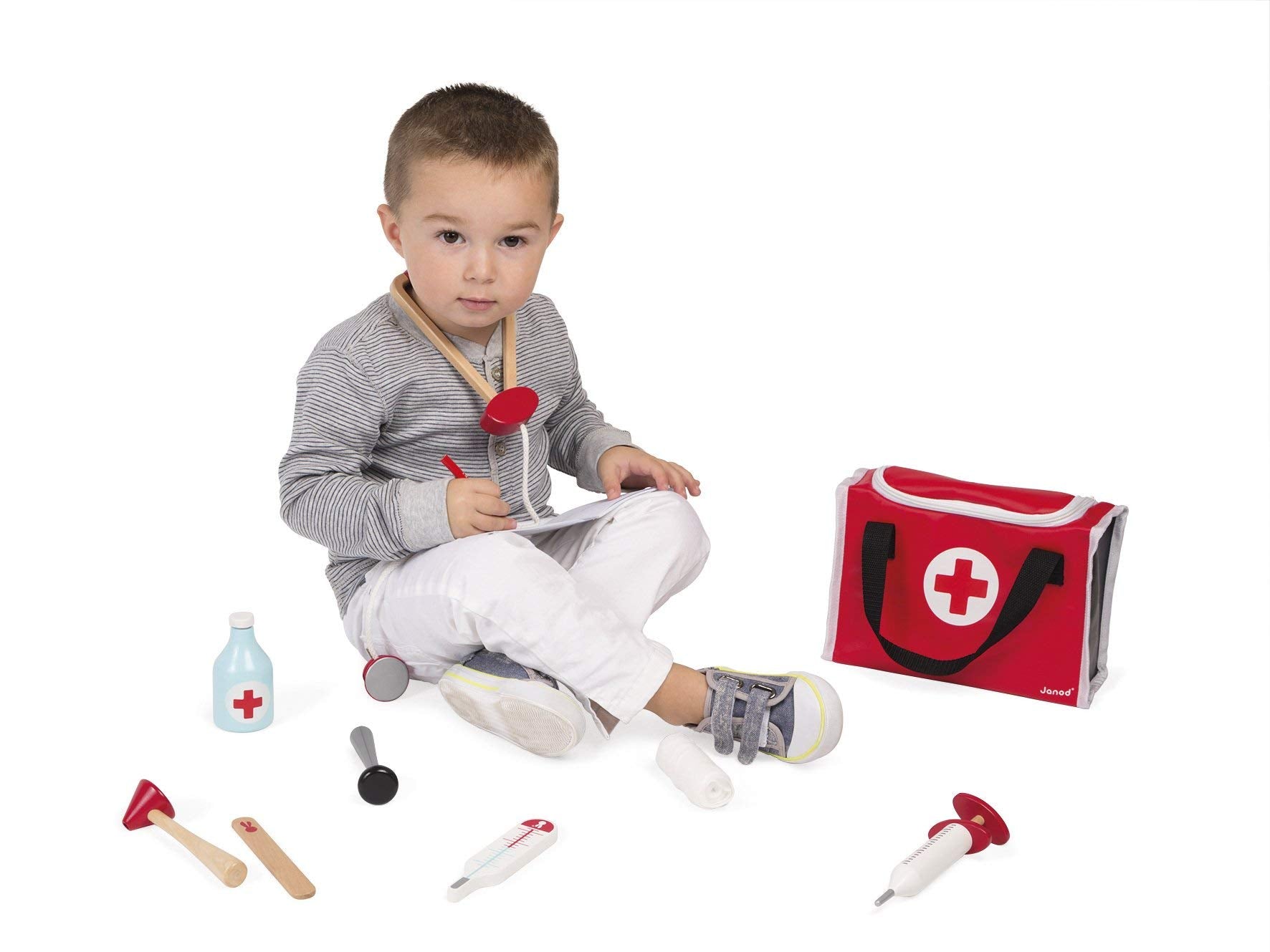 Janod Doctor's Suitcase Pretend Play Toy | 10 Solid Wood Accessories | Ages 3+ 5