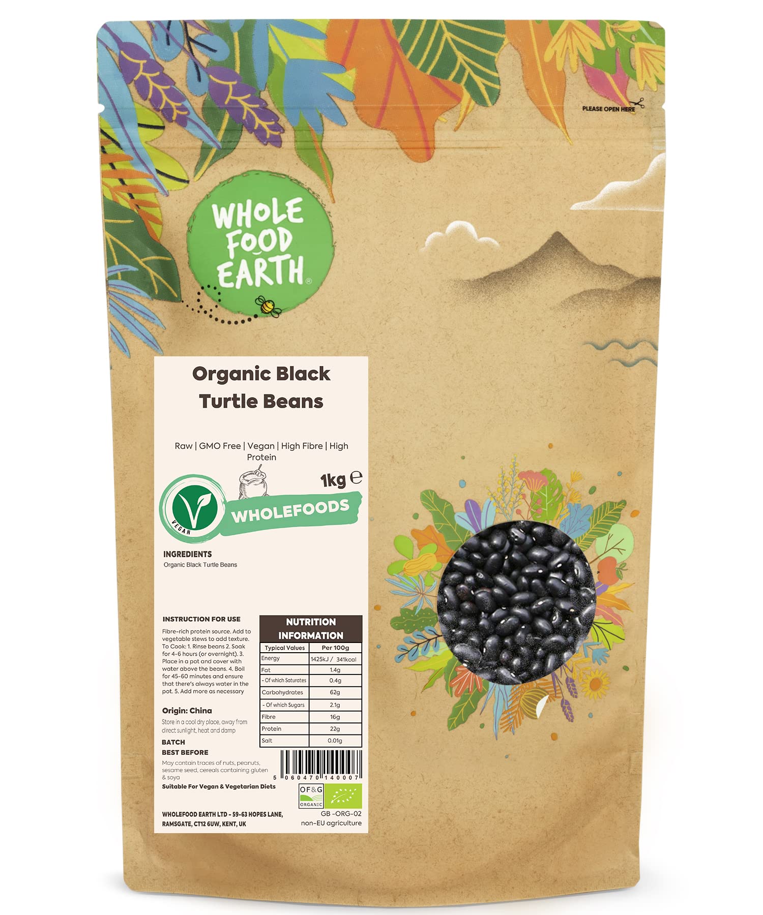 Wholefood Earth Organic Black Turtle Beans 1kg | GMO Free | Vegan | Raw