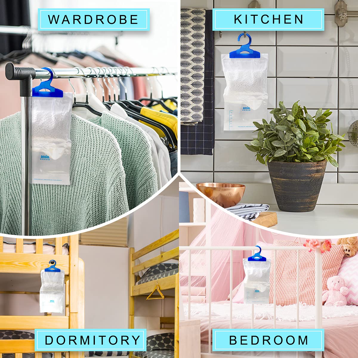 ANSIO Wardrobe Dehumidifier Disposable Hanging Bags - Pack of 6 | Removes Damp & Condensation 6