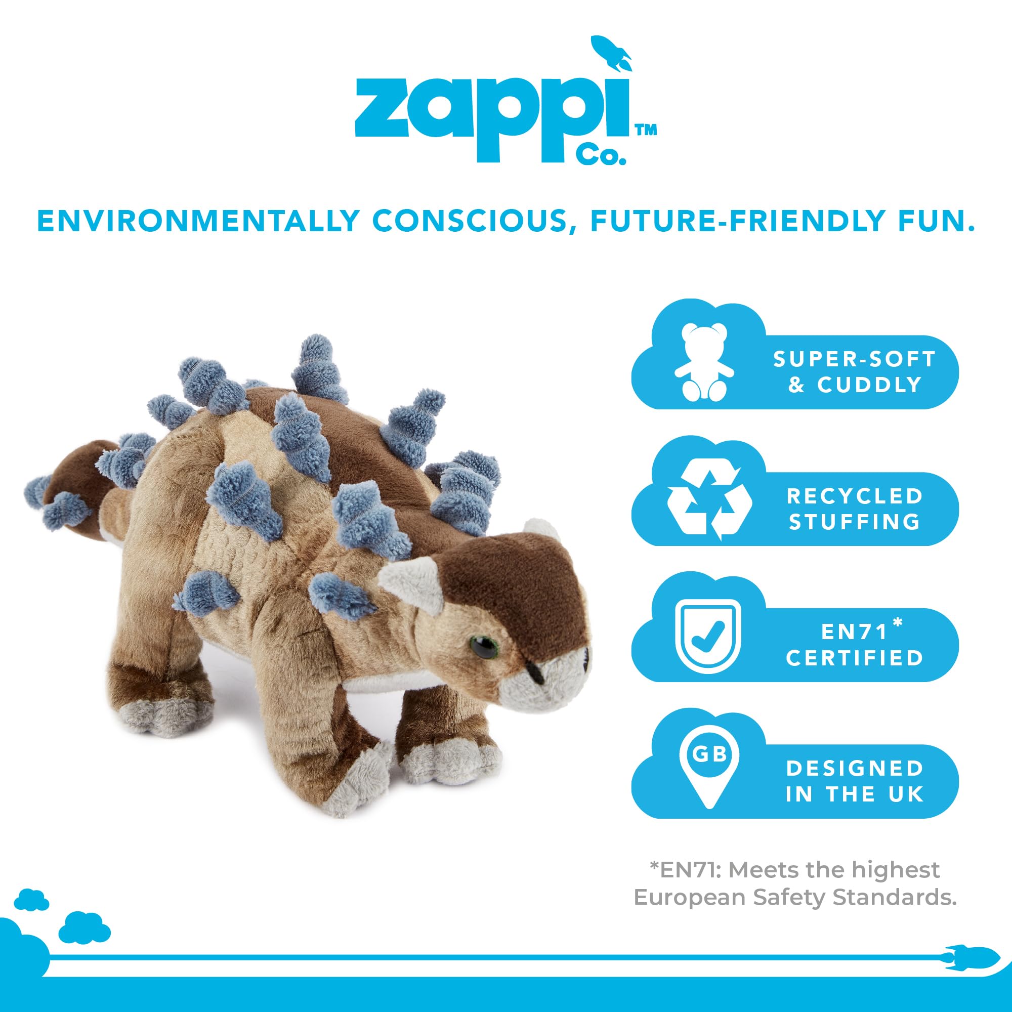 Zappi Co Ultra Soft Ankylosaurus Dinosaur Plush Toy - 35.5 cm | Recycled Filling | Washable