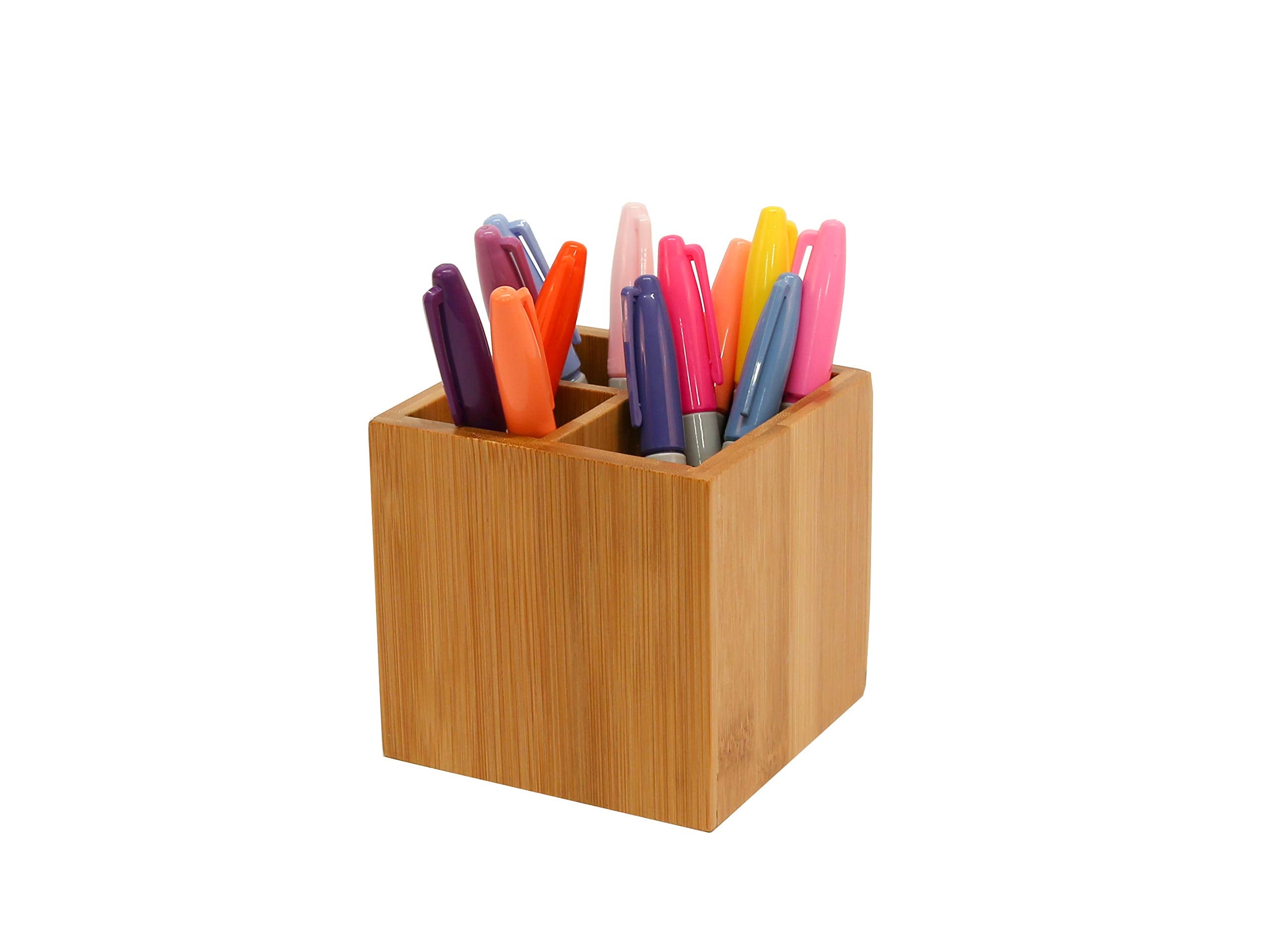 Osco Bamboo Square Pen Pot with 3 Compartments - Natural Finish | H100mm x W105mm 2