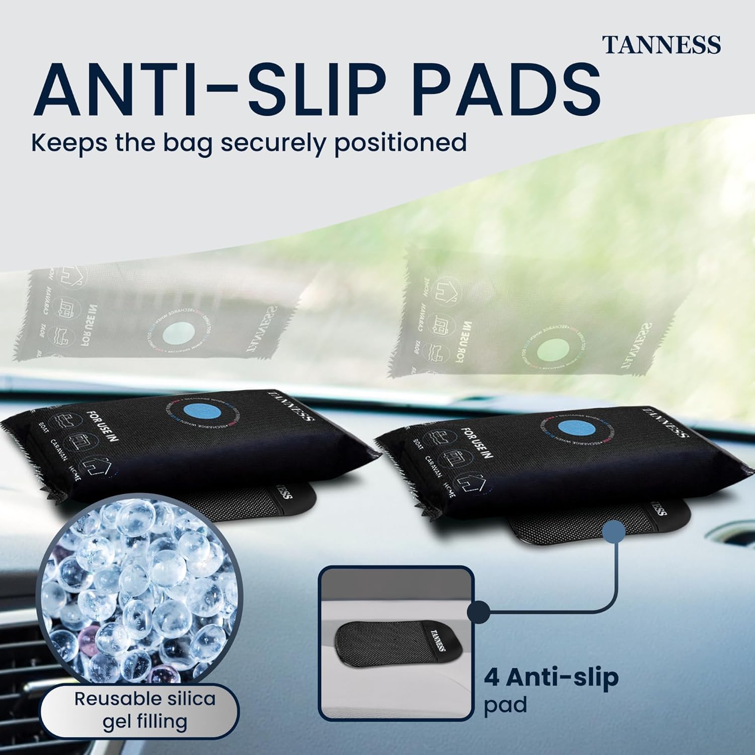 TANNESS - 2 Pack x 1kg Car Dehumidifier Bags with Anti-Slip Pads 5